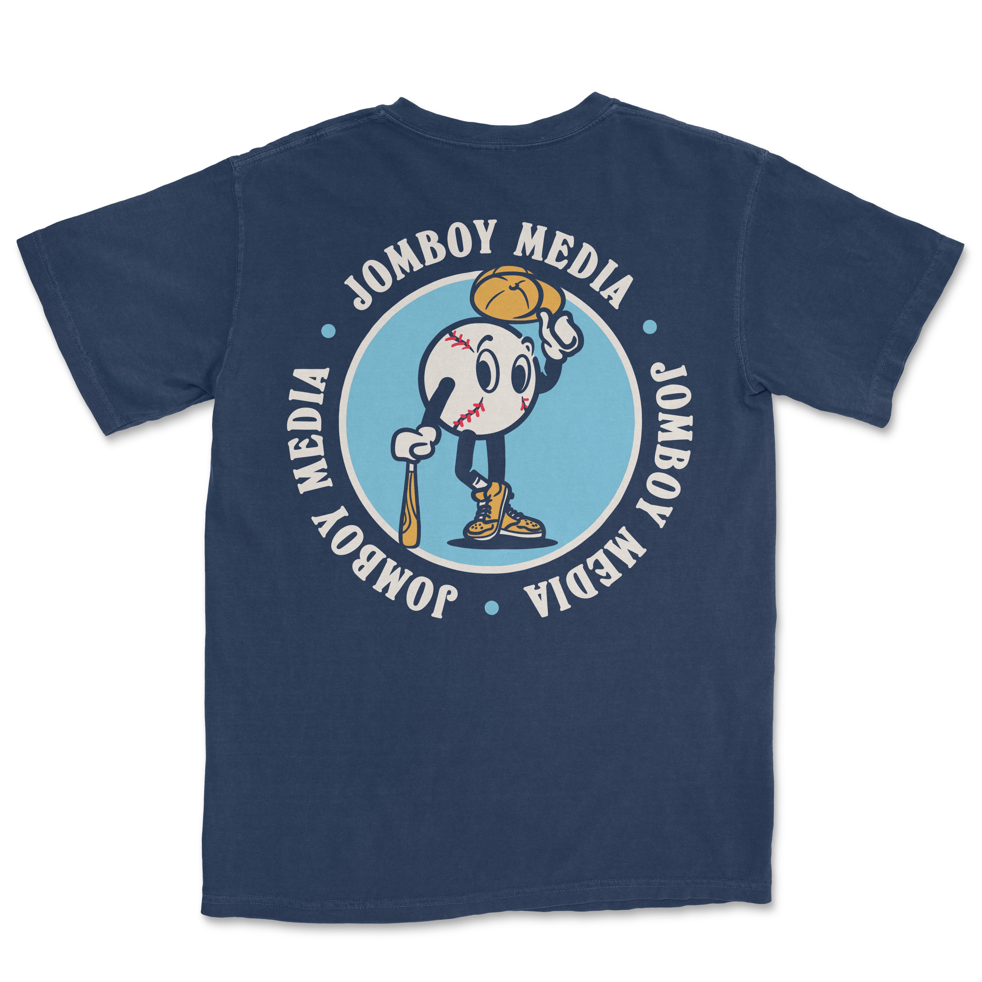 Back of navy T-shirt featuring JomBall mascot holding a baseball glove and bat, with "JOMBOY MEDIA" text in a circular pattern.