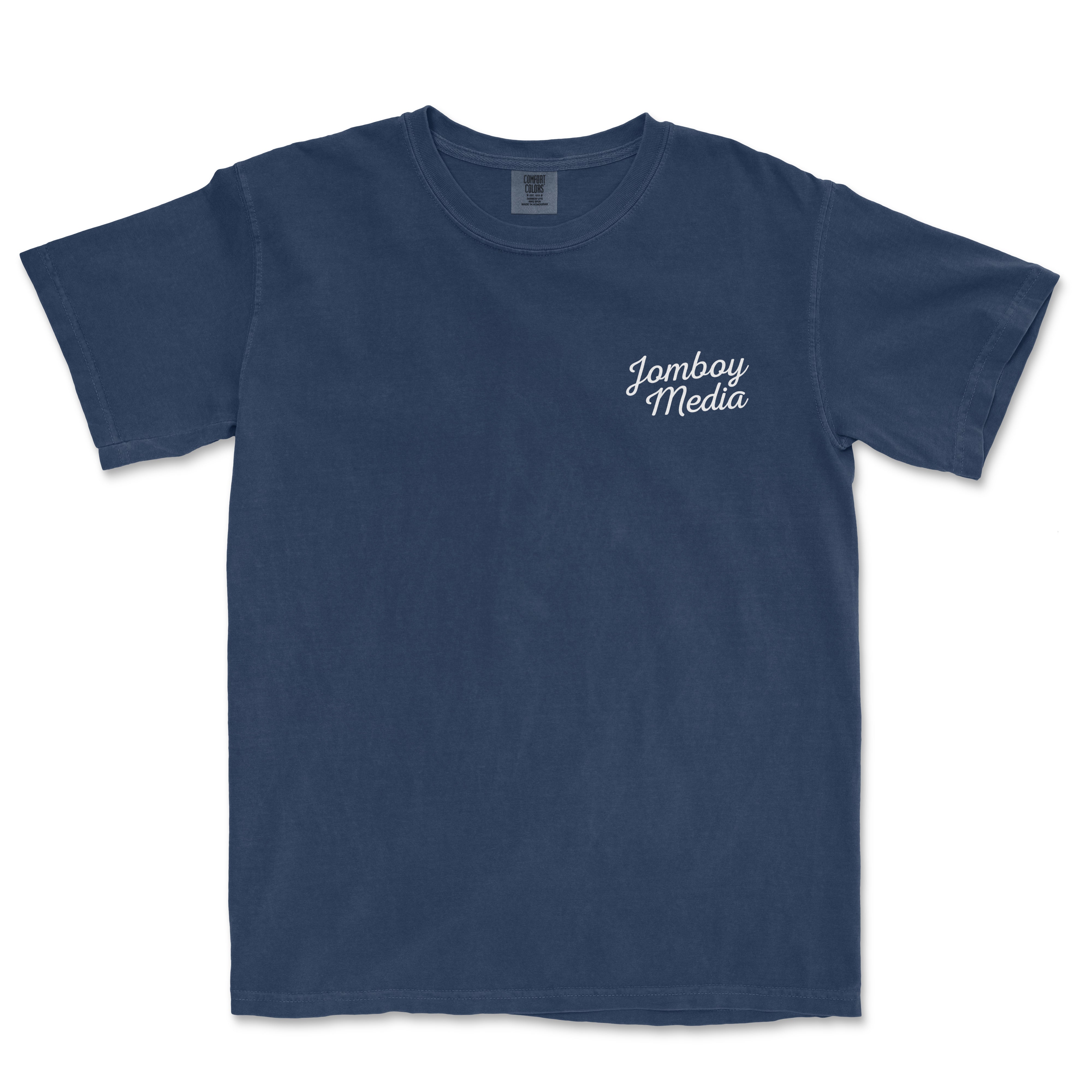 A navy blue T-shirt with "Jomboy Media" written in white cursive text on the upper left chest area.