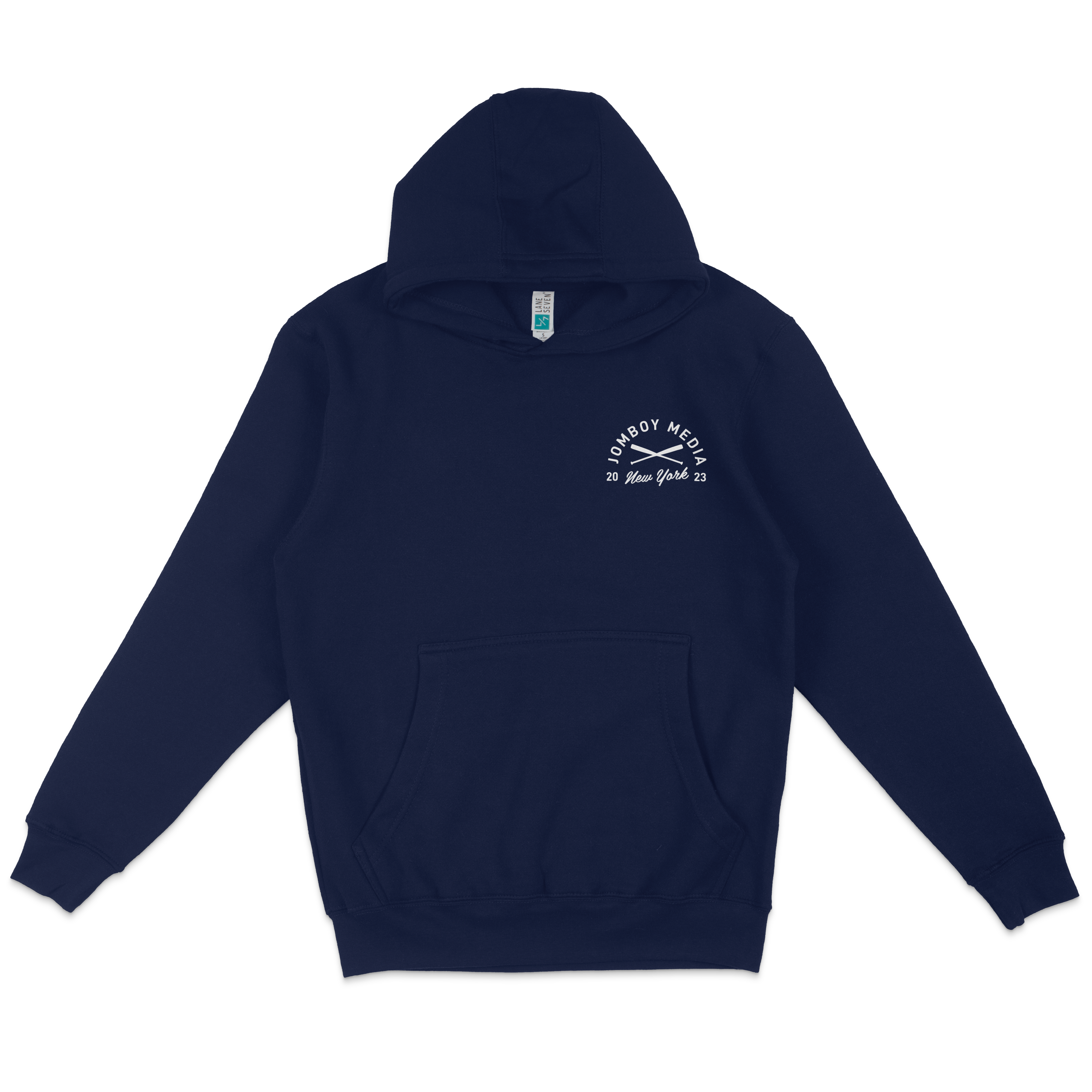 Navy blue hoodie featuring the JM Coat of Arms logo with "Omboy Media" and "New York 2023" text on the chest.