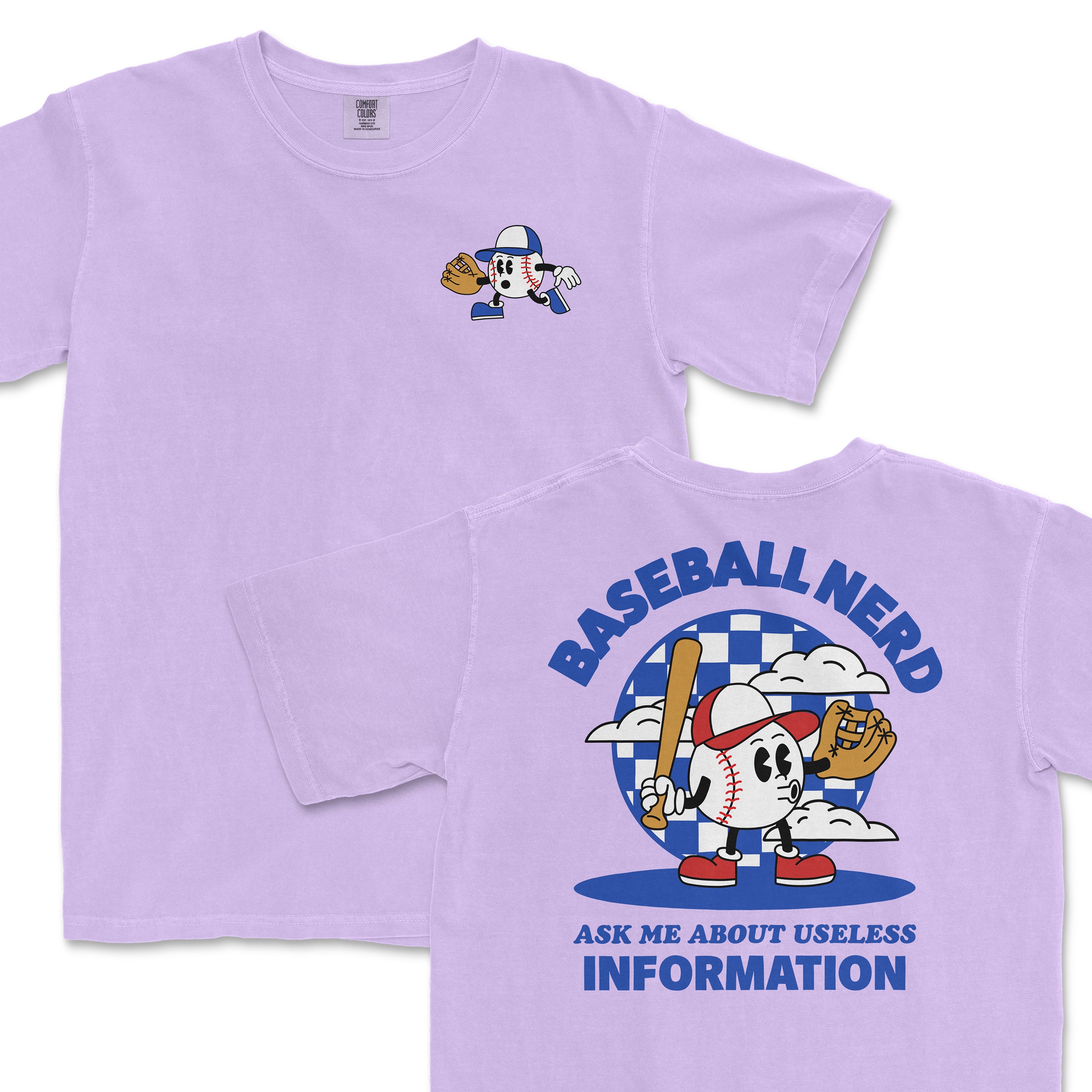 Lilac Comfort Colors tee featuring a cartoon baseball with a face, cap, and bat, with playful text: "Baseball Nerd" and "Ask me about useless information.