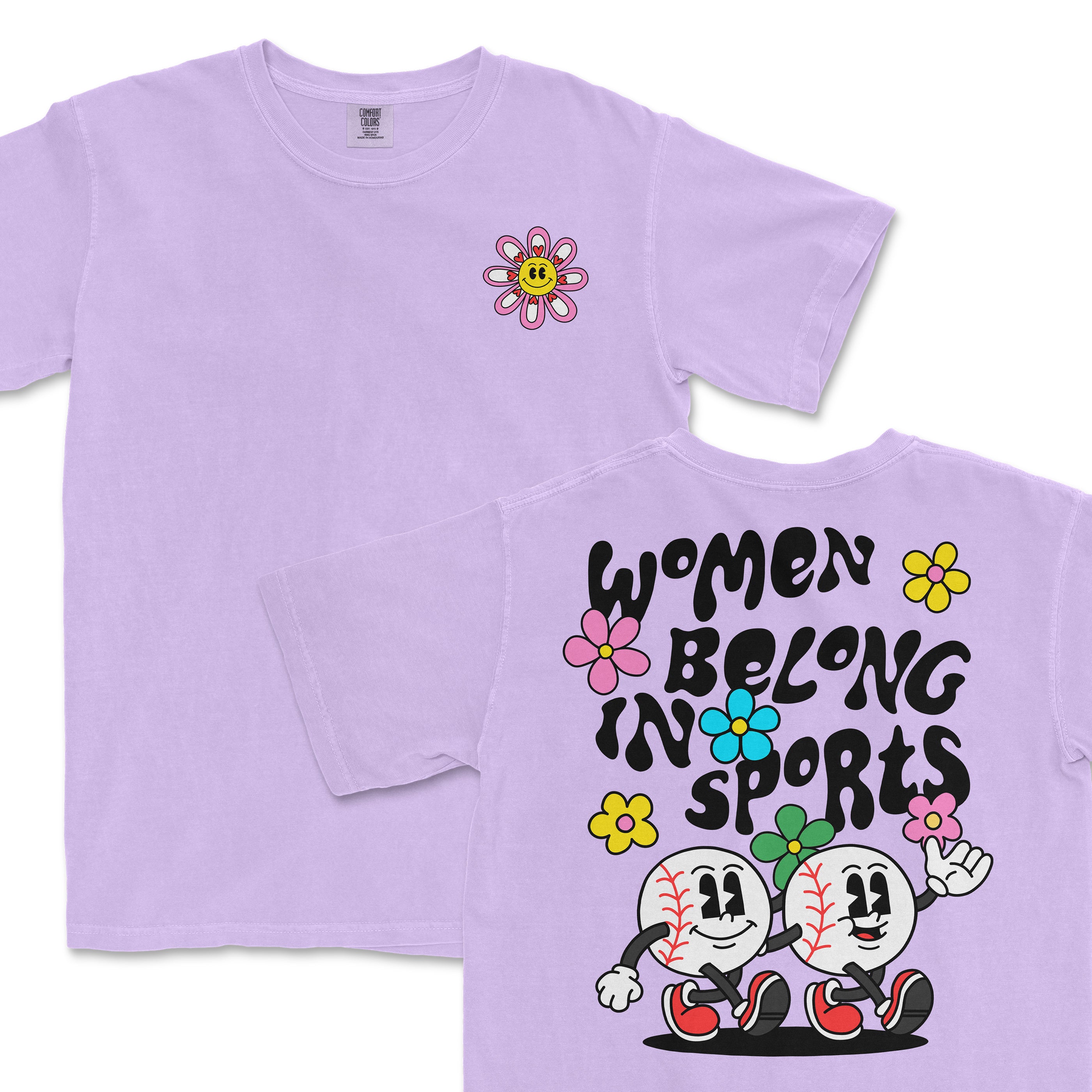 Lilac T-shirt featuring a smiling flower graphic on the front and playful "Women Belong in Sports" design with animated baseball characters on the back.