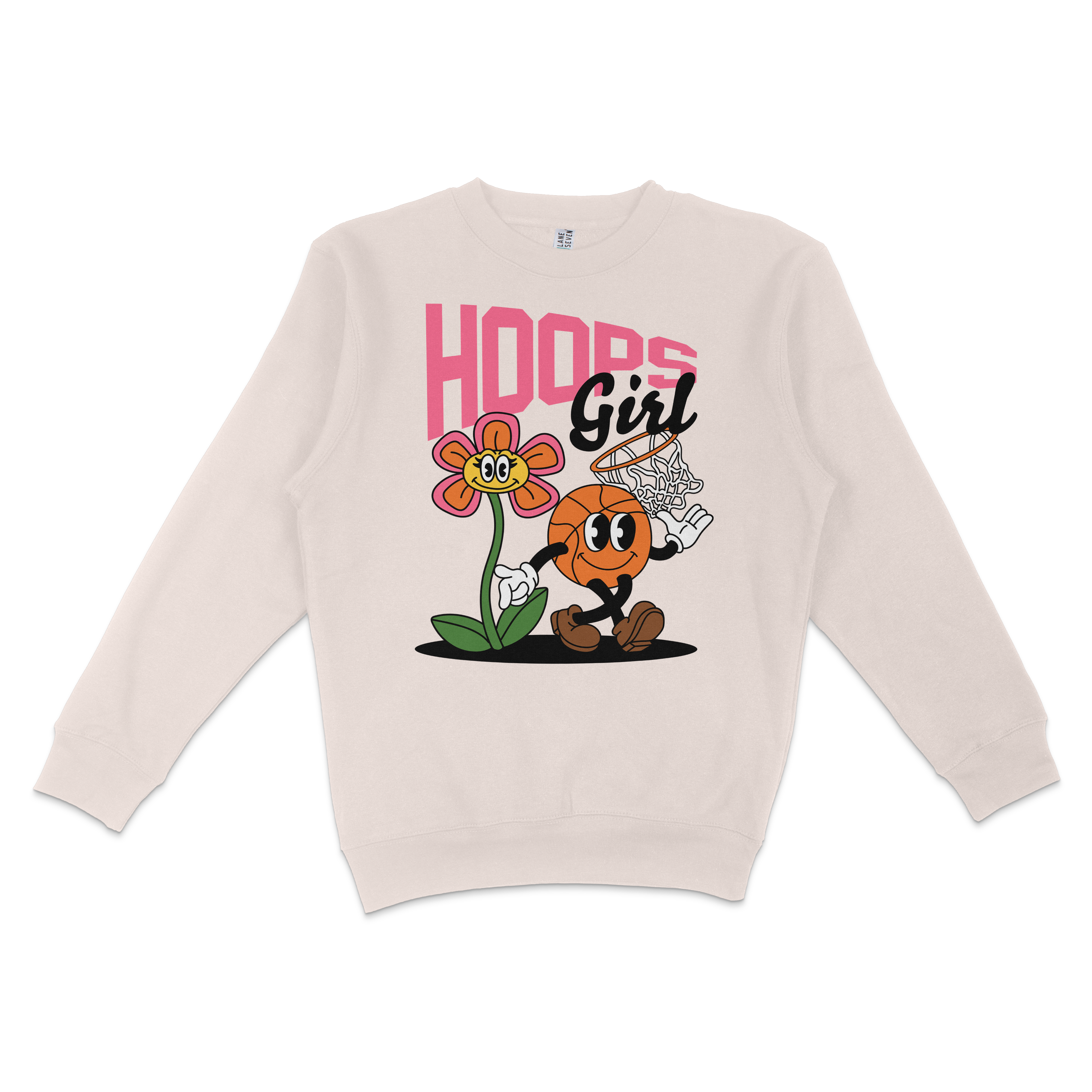 White crewneck sweatshirt featuring a colorful cartoon basketball character, flower, and "Hoops Girl" text design.