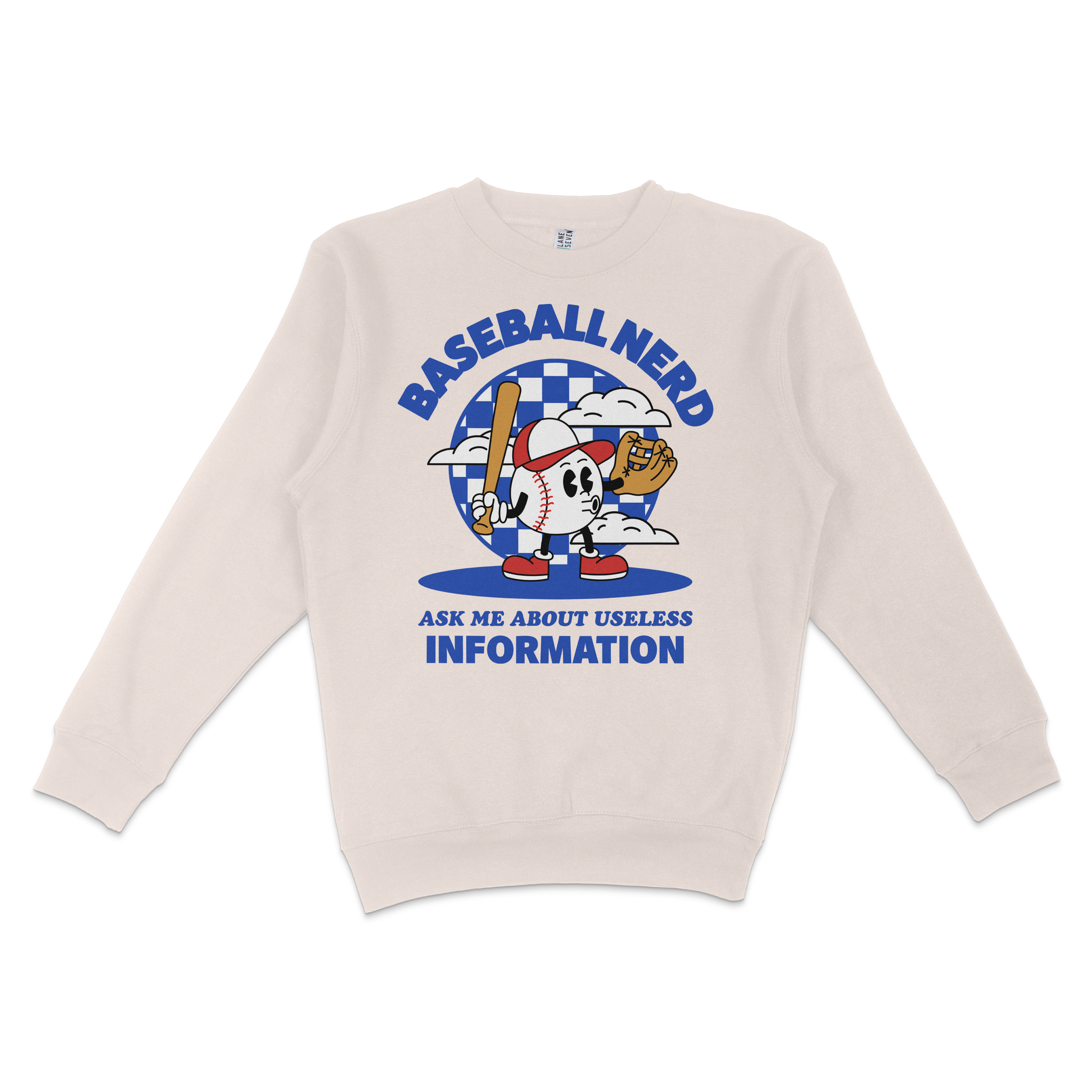 Cream crewneck sweatshirt featuring a cartoon baseball character with a bat and glove, surrounded by clouds and checkered background, with bold blue text.