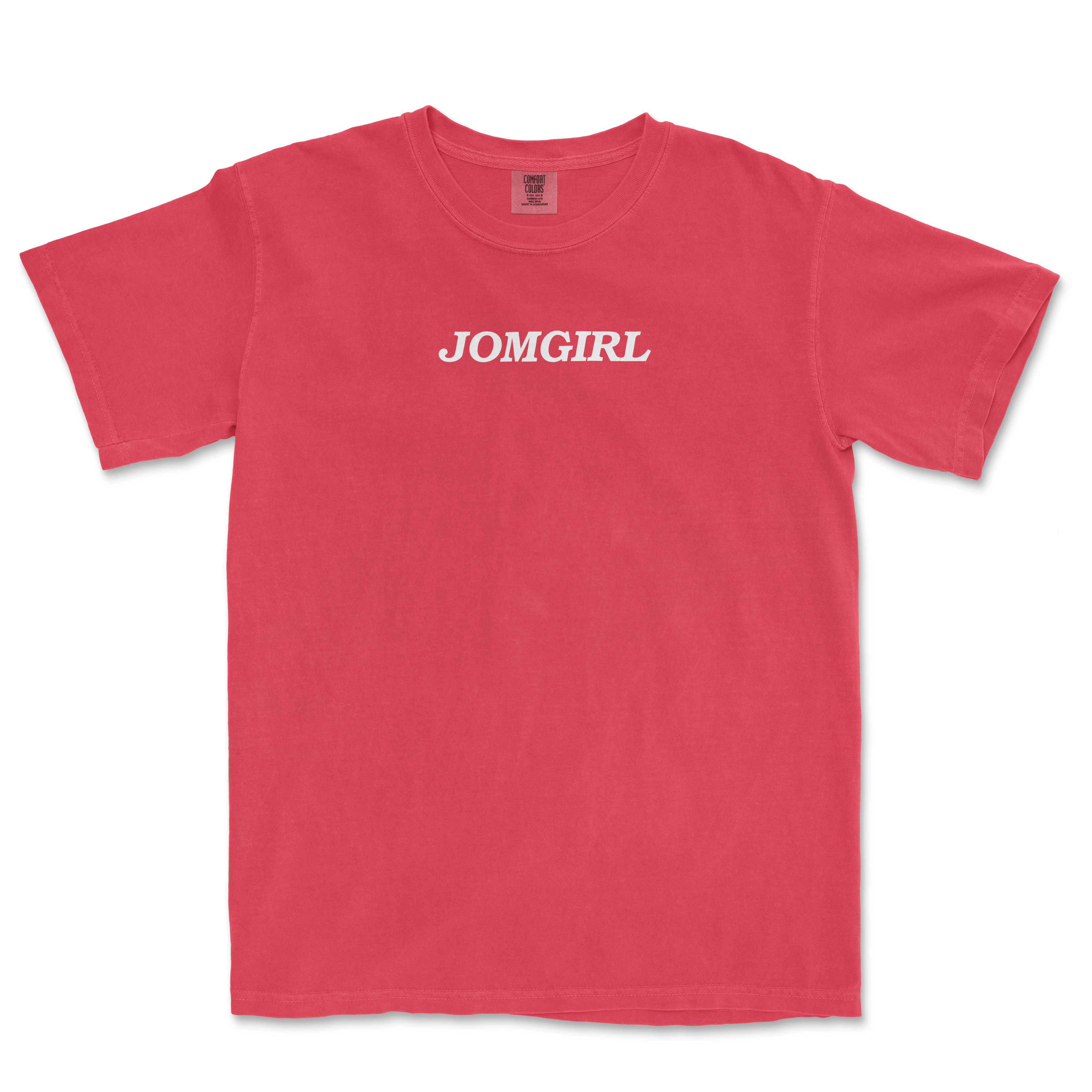 Red Jomgirl t-shirt featuring bold white lettering, perfect for sports fans and casual wear.