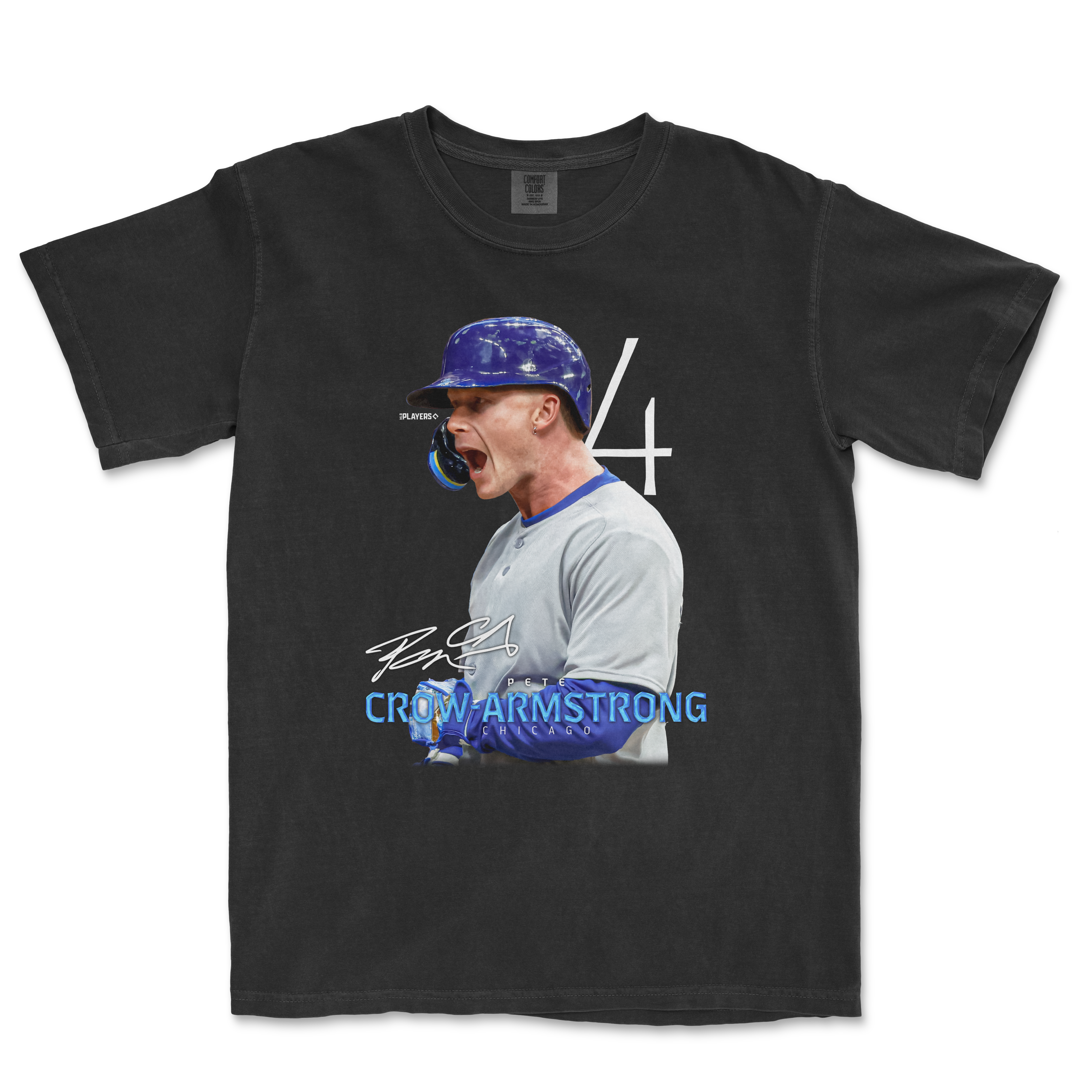 Black t-shirt featuring a graphic of a baseball player celebrating, with the text "CROW ARMSTRONG" and the number 4.