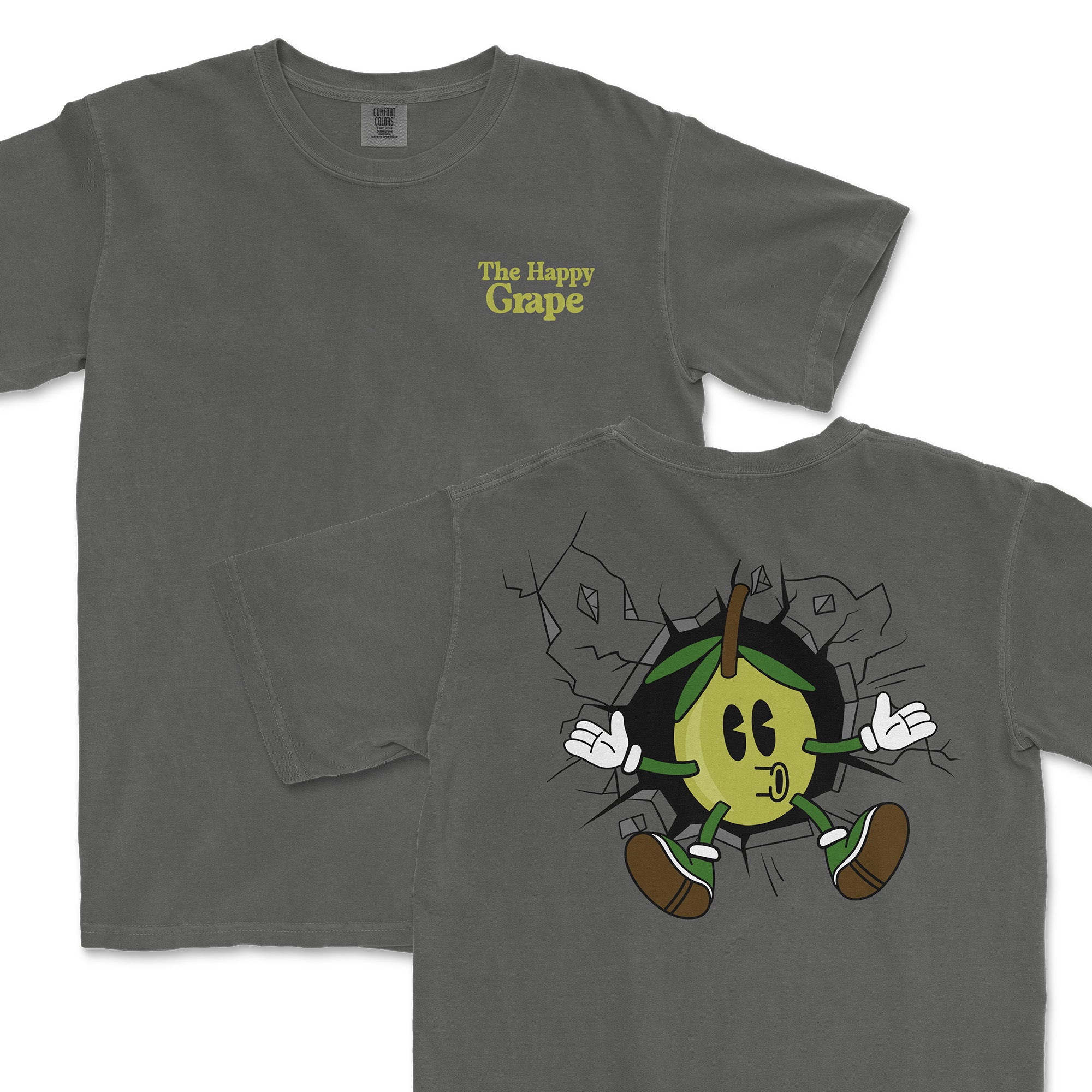 Gray t-shirt featuring a cartoon olive character breaking through a wall, with "The Happy Grape" text on the front.