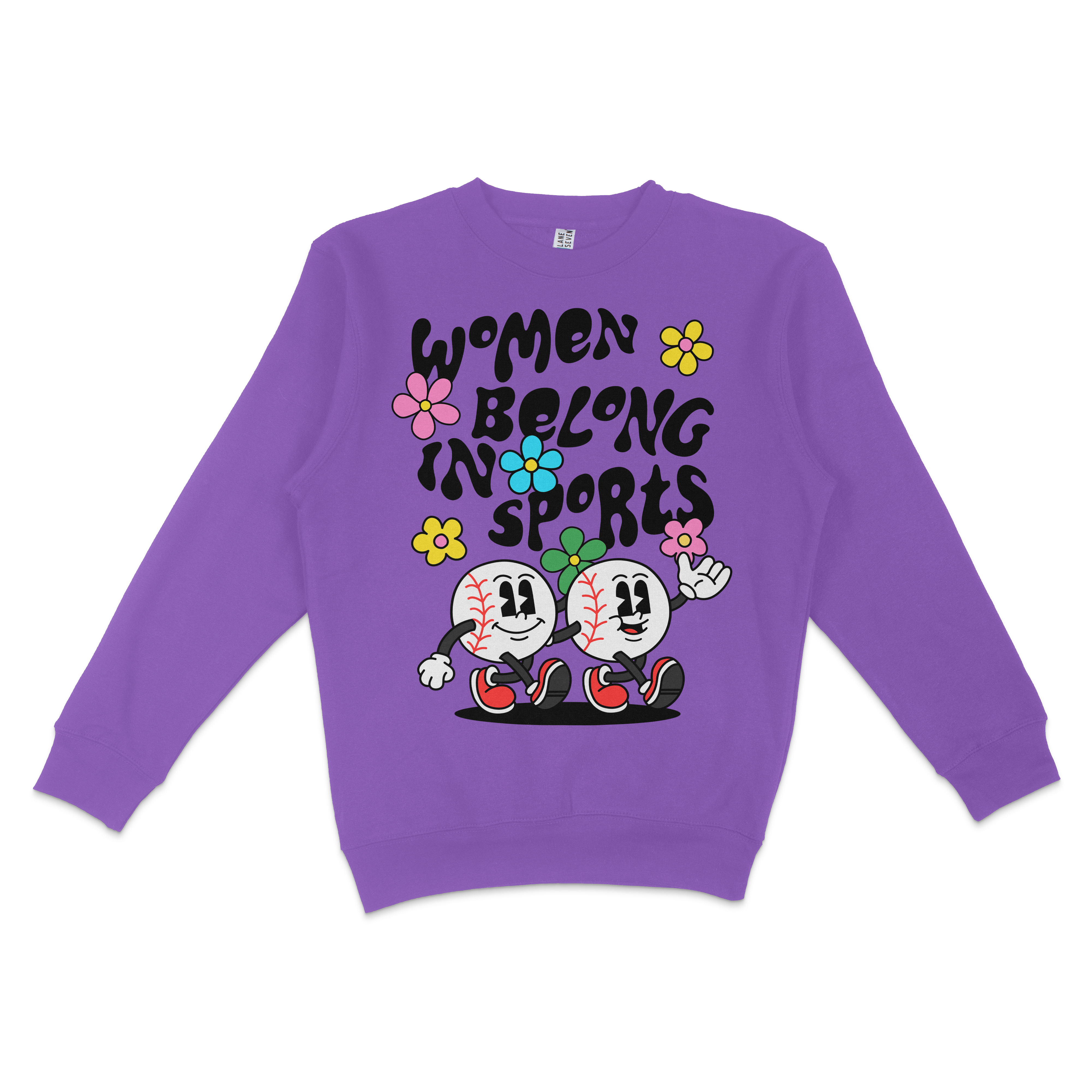 Purple sweatshirt featuring cartoon baseballs with smiling faces, colorful flowers, and the text "Women Belong in Sports.