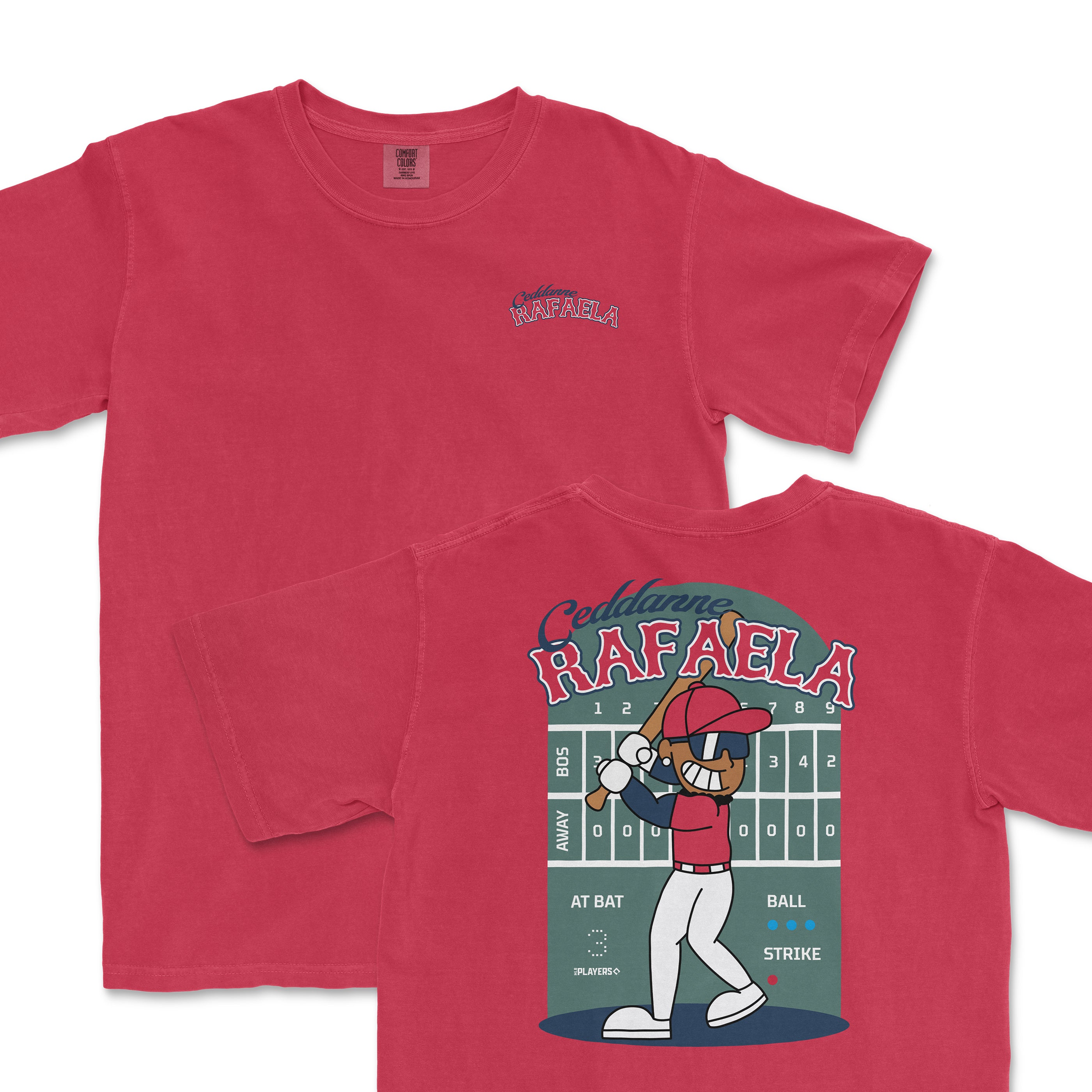 Ceddanne Rafaela summer cartoon t-shirt featuring a playful graphic of a cartoon player at bat with a scoreboard design.
