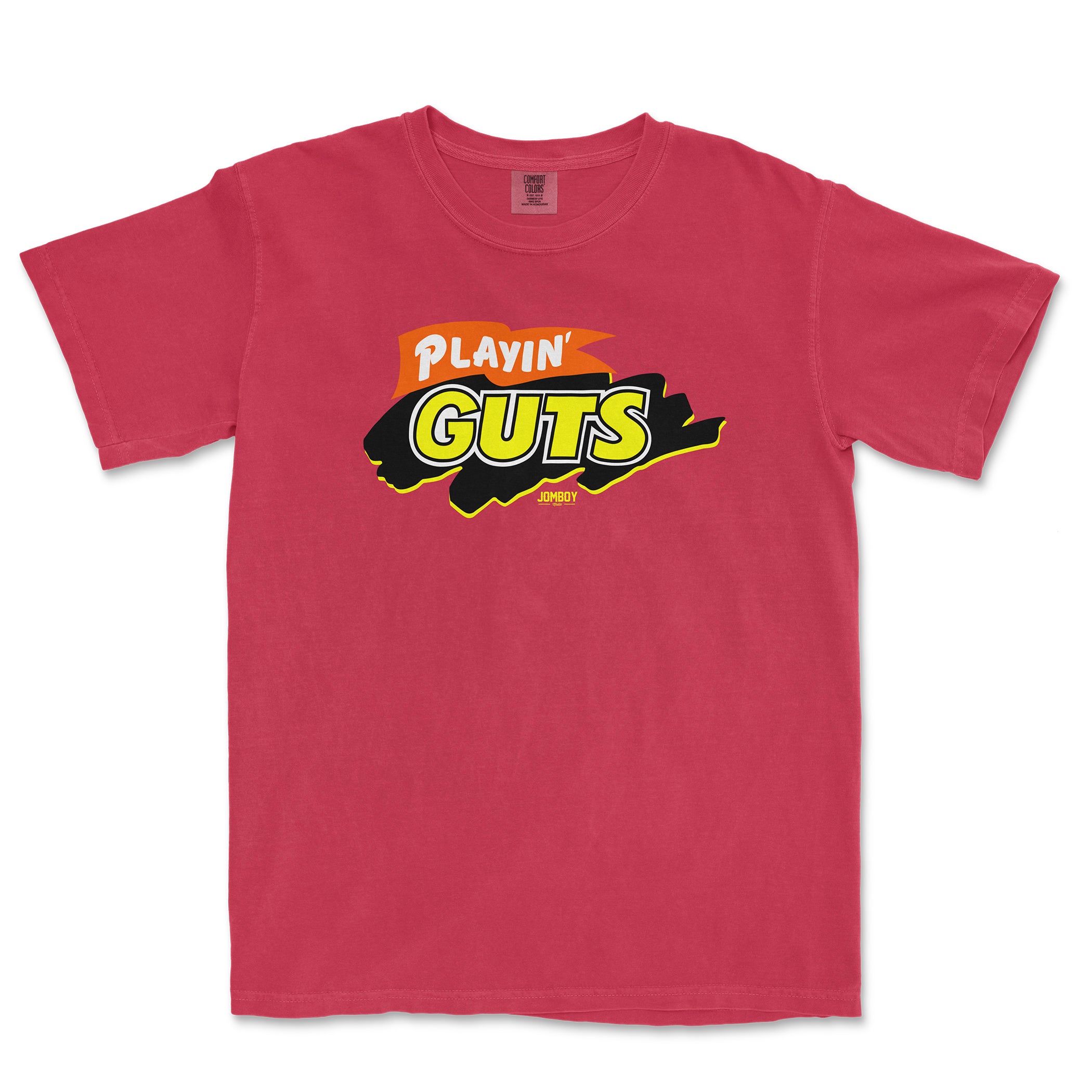 Red T-shirt featuring a bold graphic logo that says "PLAYIN' GUTS" with colorful, playful text and design elements.