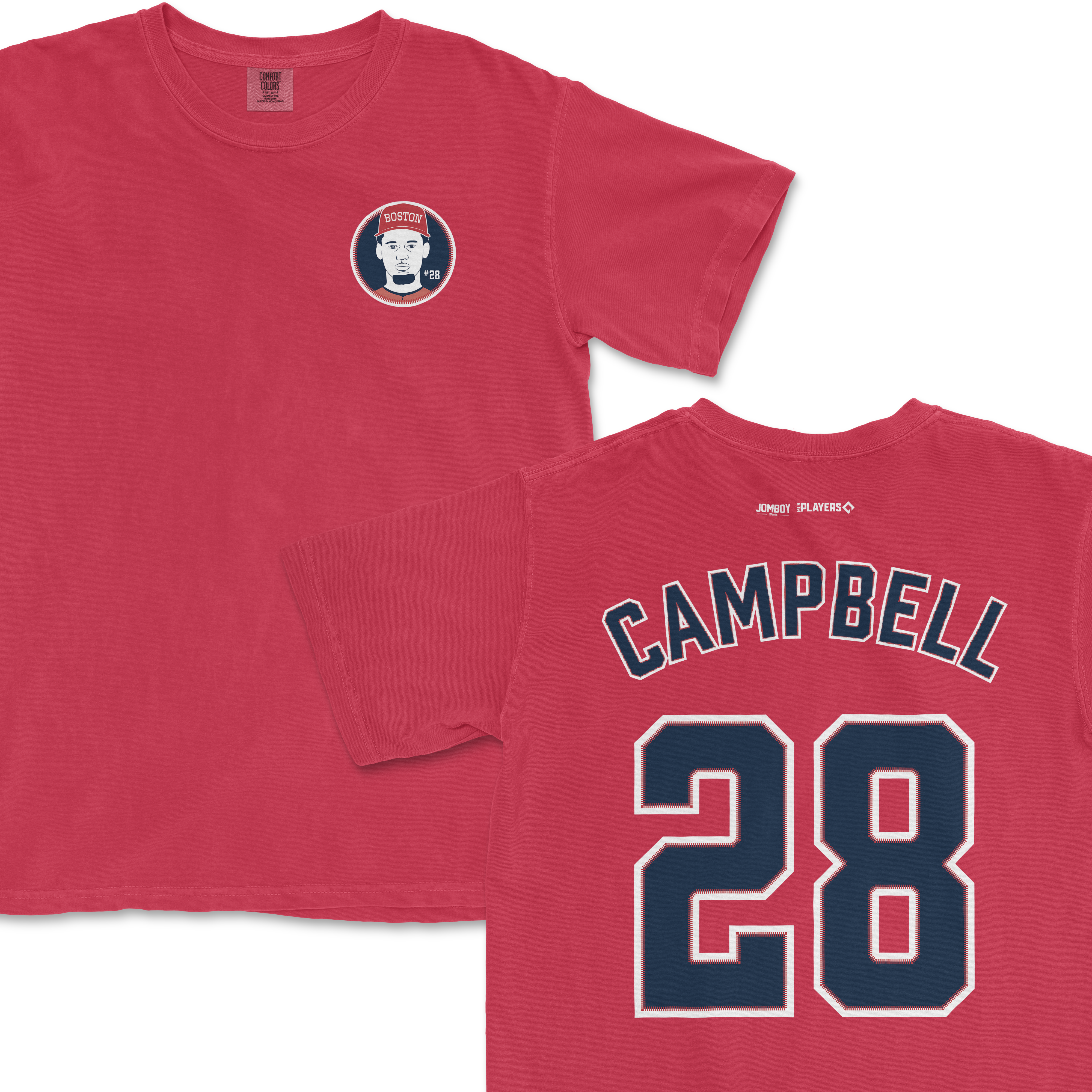Red Comfort Colors tee featuring a front graphic of a cartoon portrait with "Boston" and "#28," and a back design with "Campbell" and the number 28.