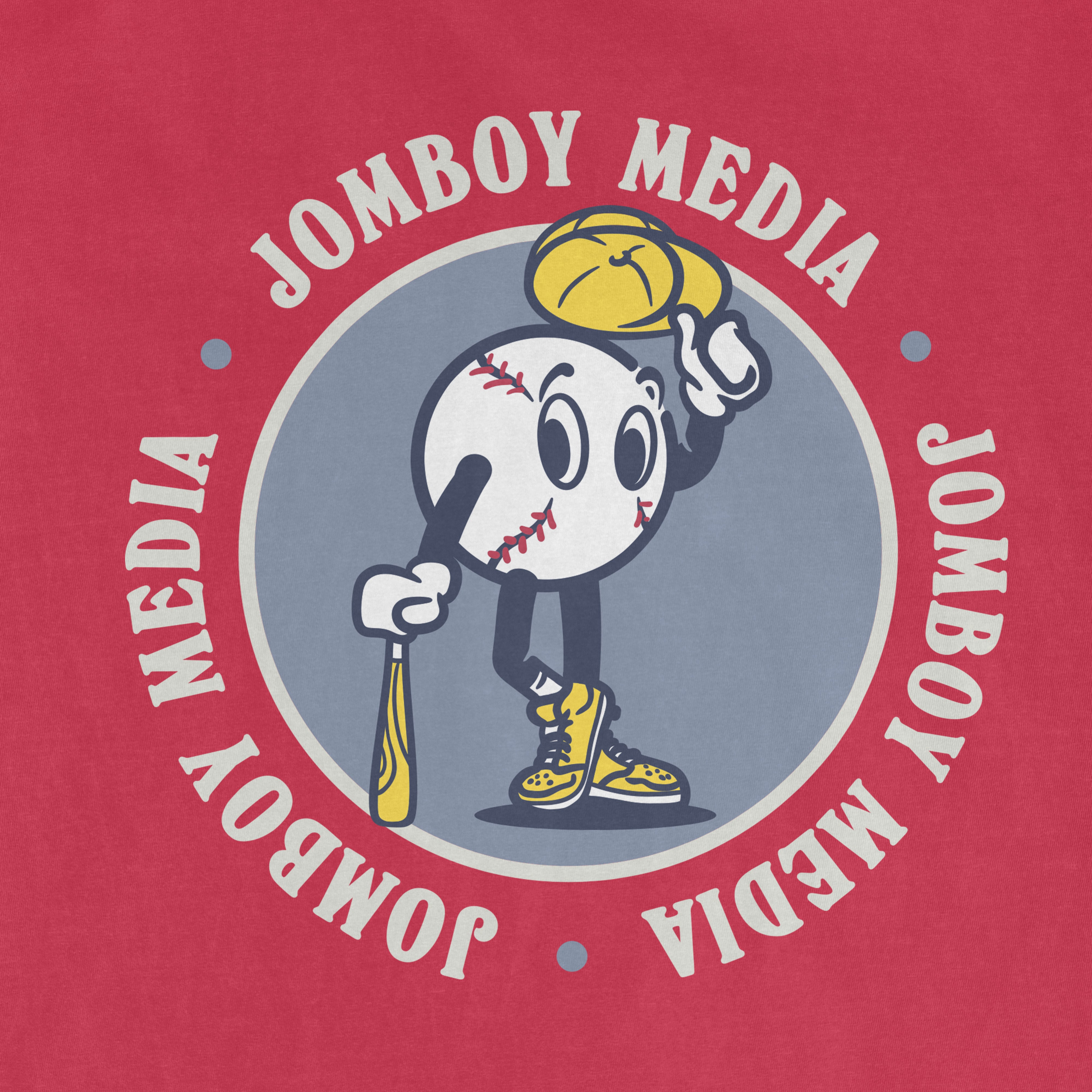 Cartoon baseball mascot with a bat and glove, wearing yellow shoes and a cap, surrounded by "Jomboy Media" text.