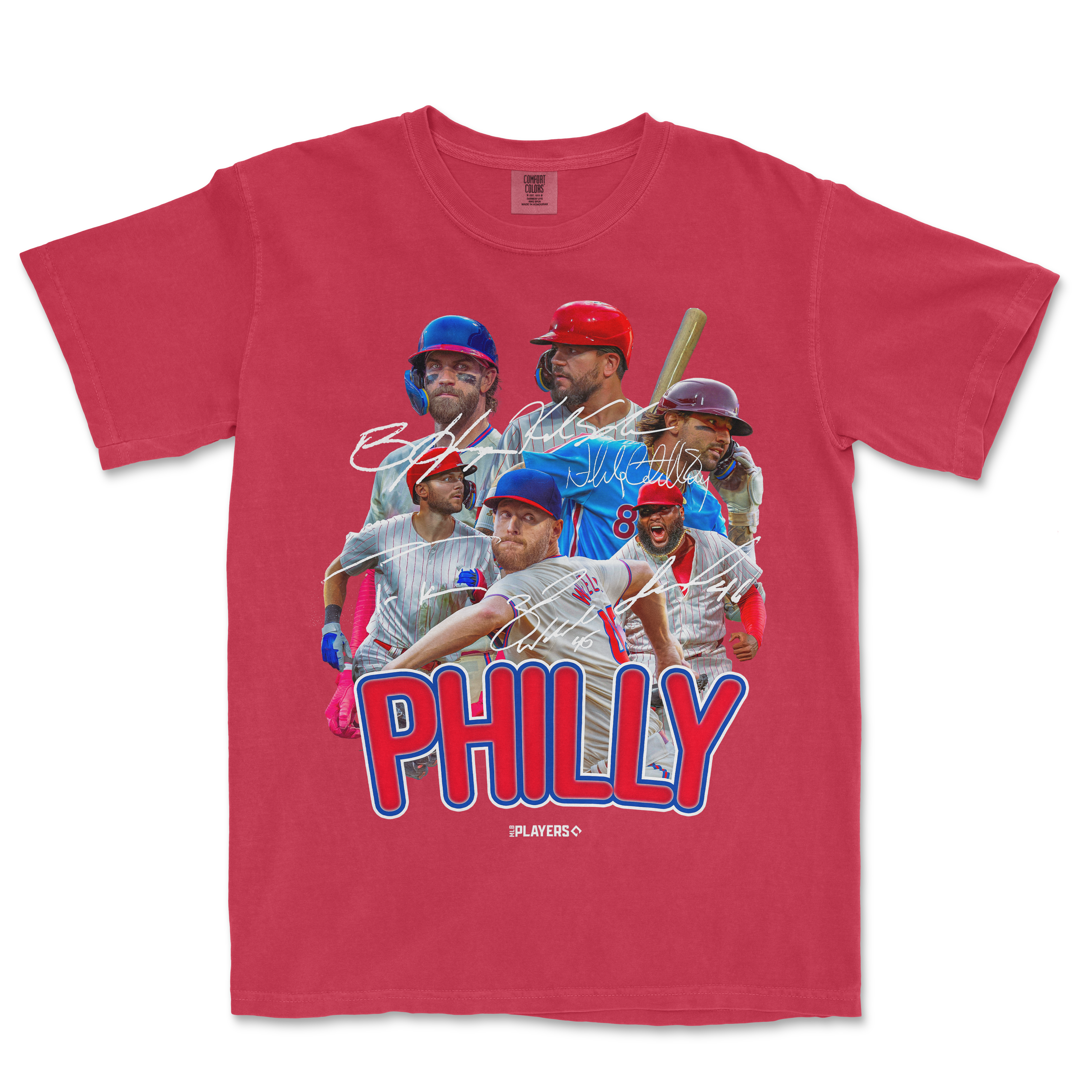 Red PHI Signature Series T-shirt featuring a collage of baseball players, signatures, and "PHILLY" text in bold blue and red.
