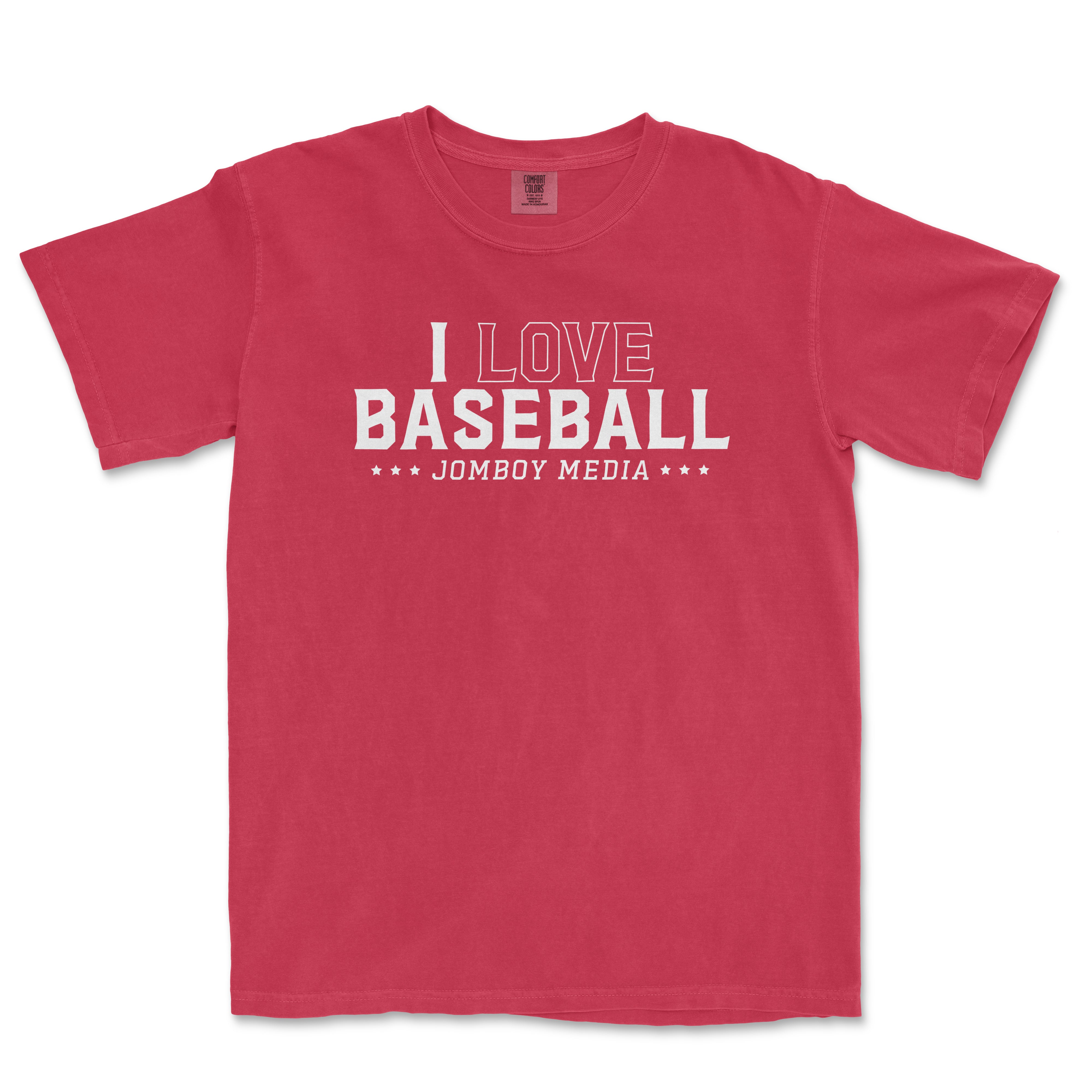 Red vintage Comfort Colors T-shirt with white "I Love Baseball" and "Jombo Media" text, featuring stars design.