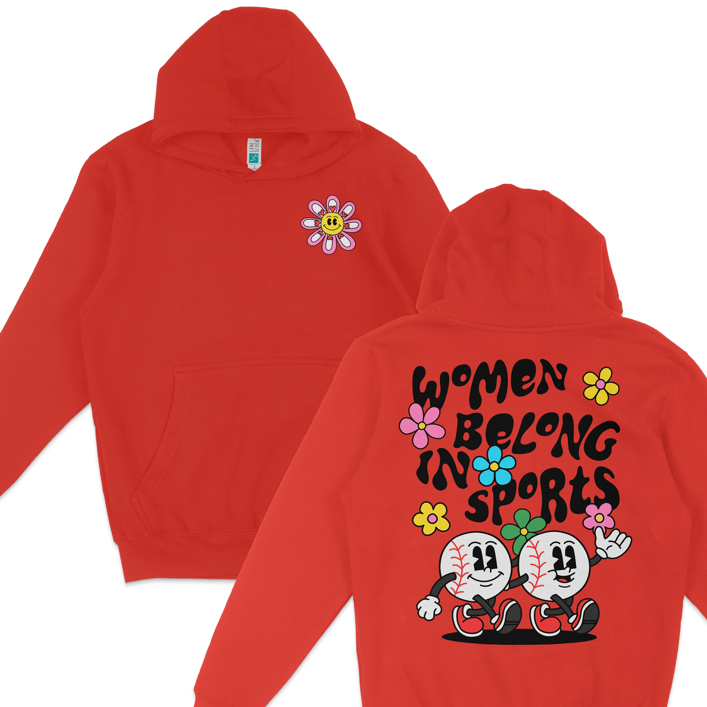 Red hoodie with a front flower patch and back graphic featuring cartoon characters, colorful flowers, and "Women Belong in Sports" text.