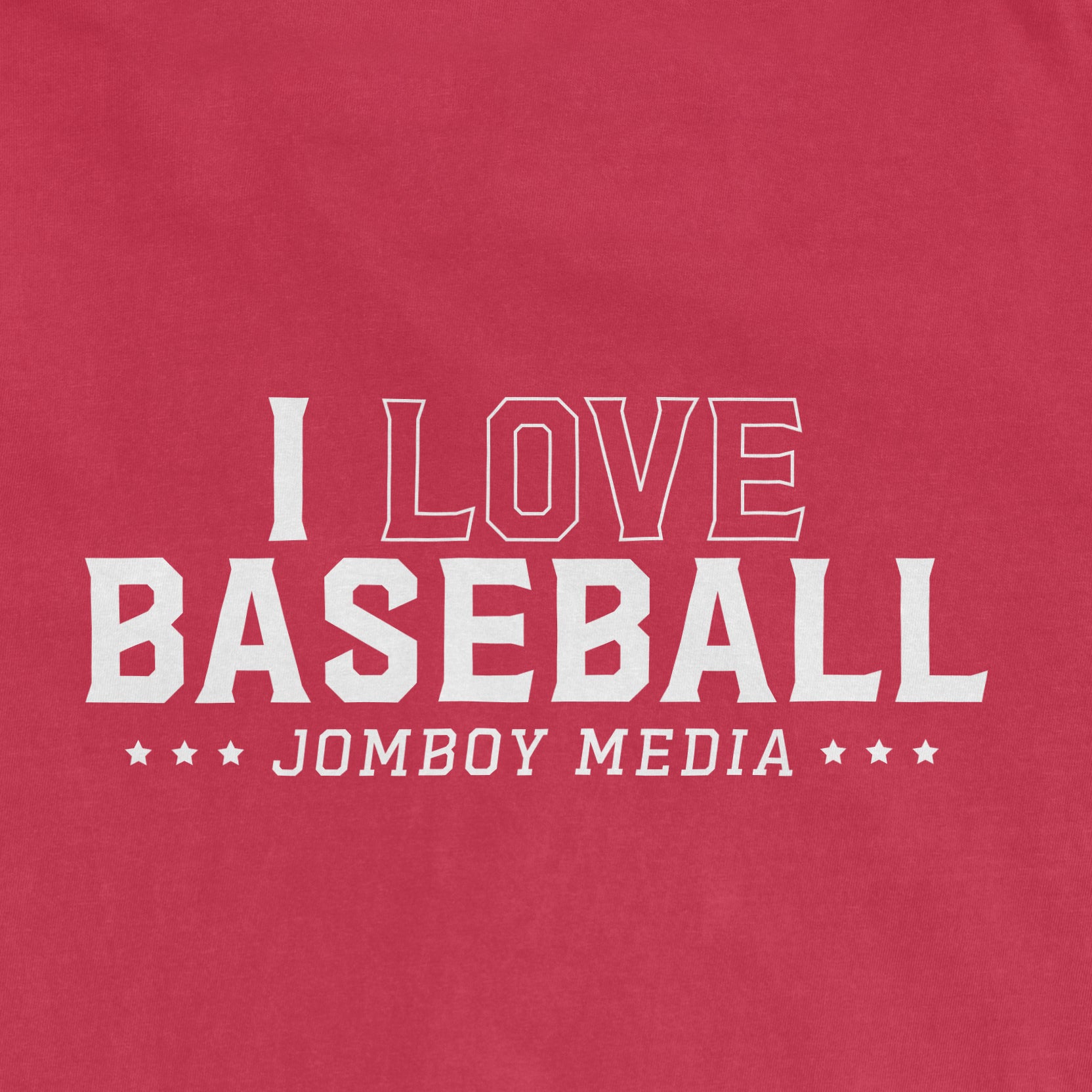 Pink vintage T-shirt with white text that reads "I LOVE BASEBALL" and "JOMBOY MEDIA," featuring star accents underneath.