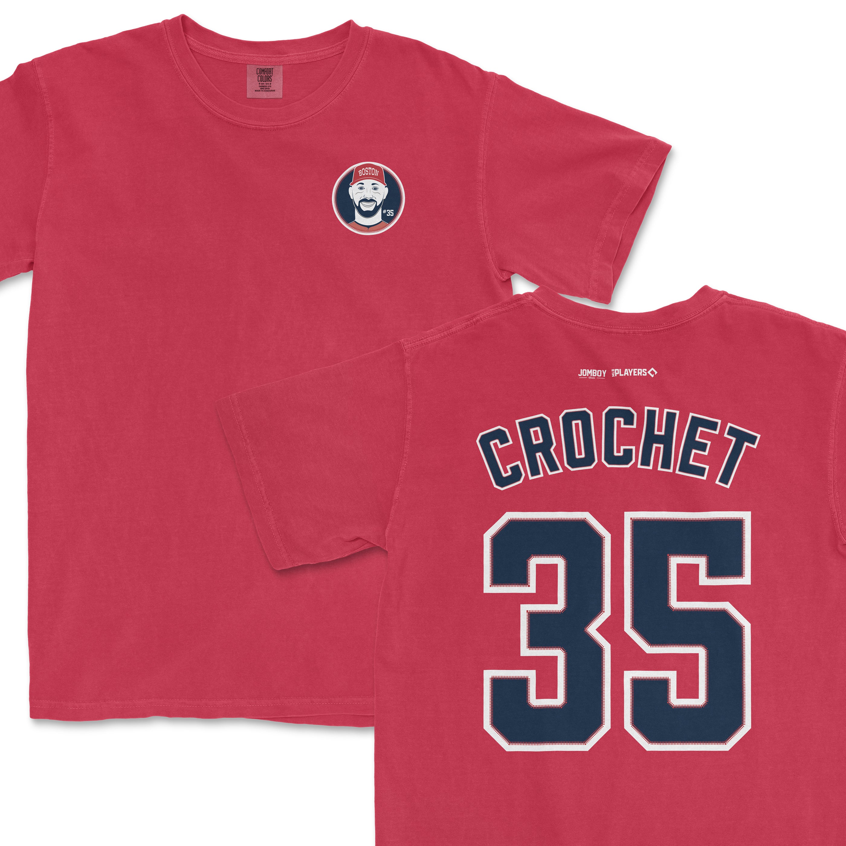Red Comfort Colors tee featuring a Boston baseball player graphic on the front and "Crochet 35" jersey-style lettering on the back.