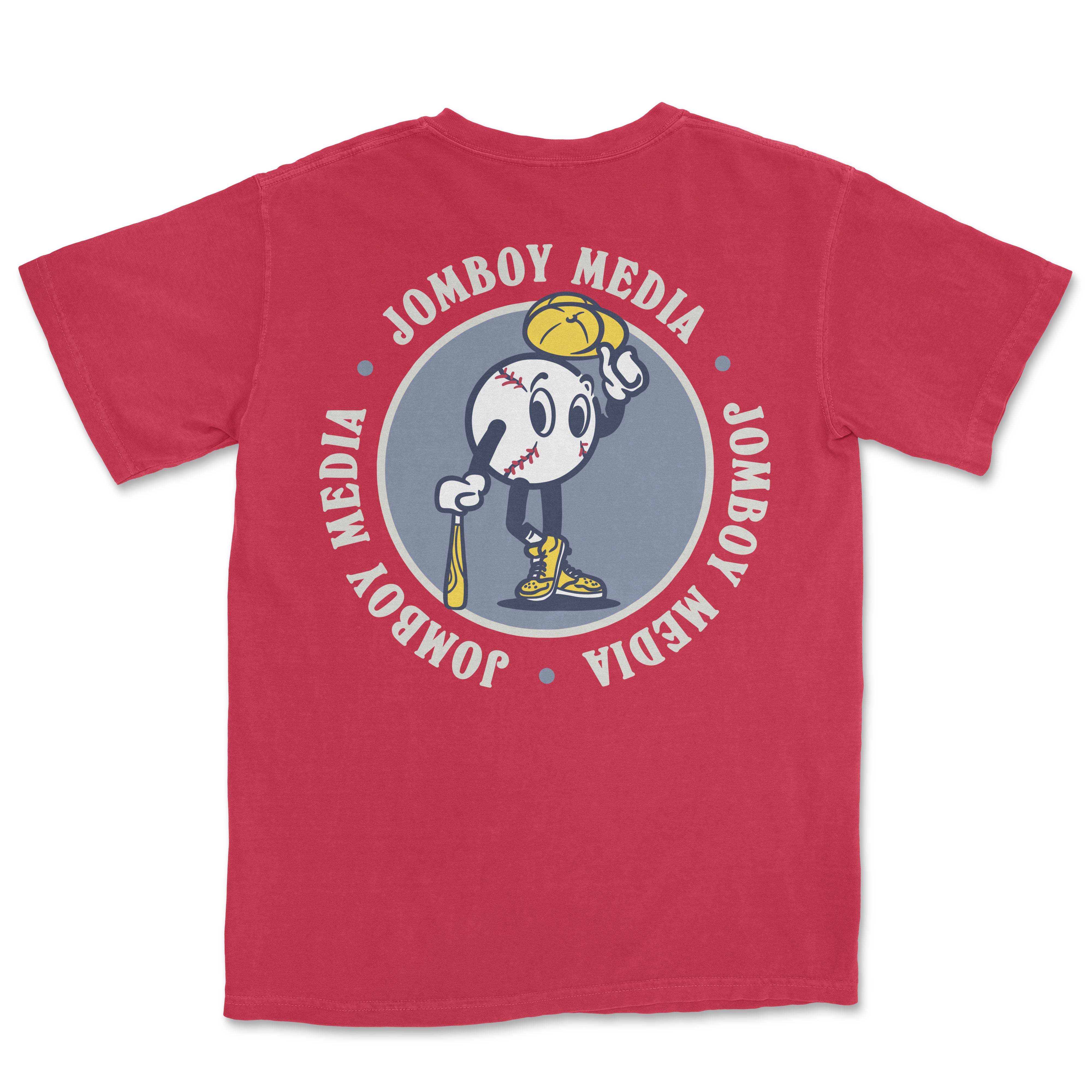 Back of a red T-shirt featuring a cartoon baseball mascot with a glove, baseball, and sneakers, surrounded by "Jomboy Media" text.