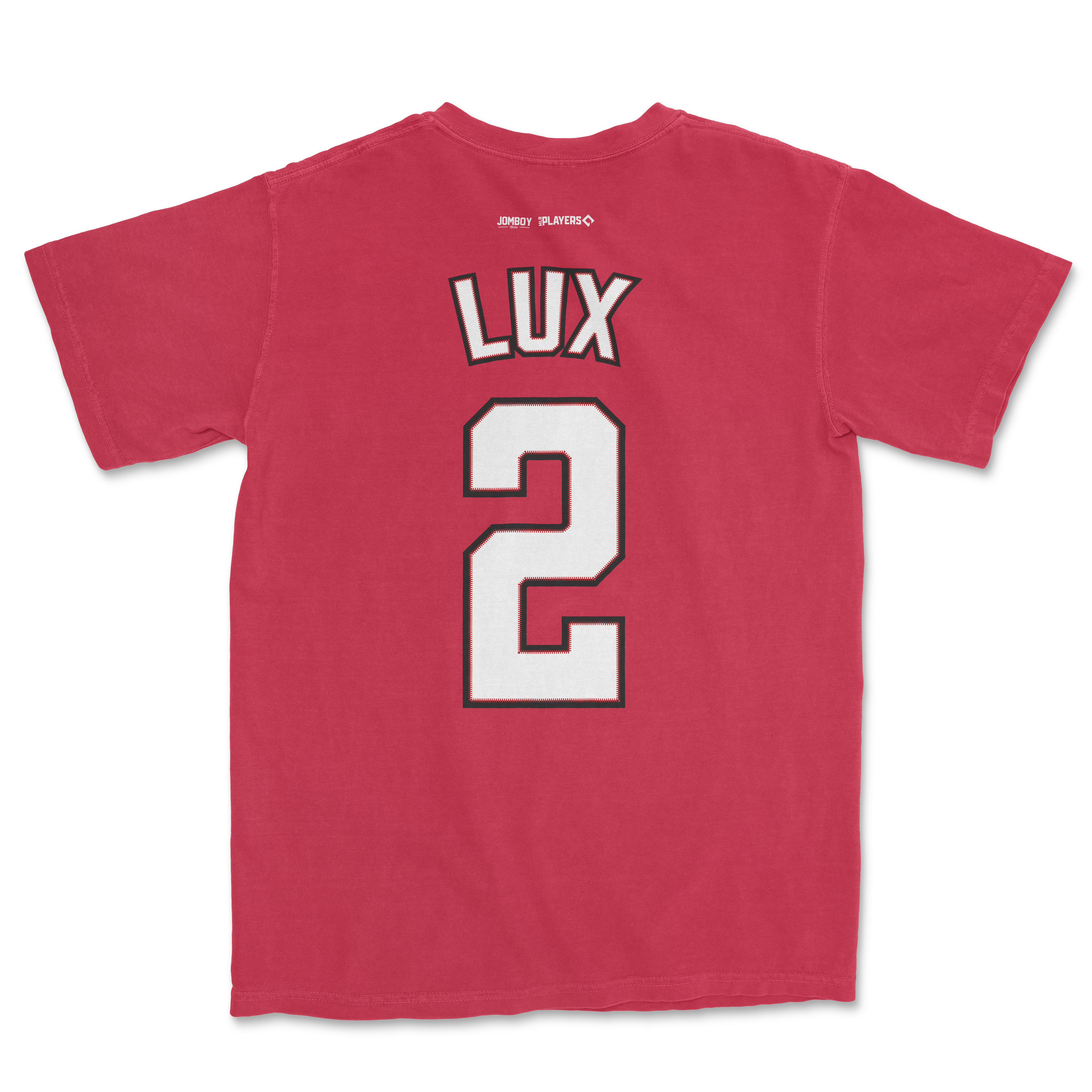 Red Comfort Colors tee featuring "Lux 2" and "Gavin Lux shirsey" printed on the back, perfect for baseball fans.