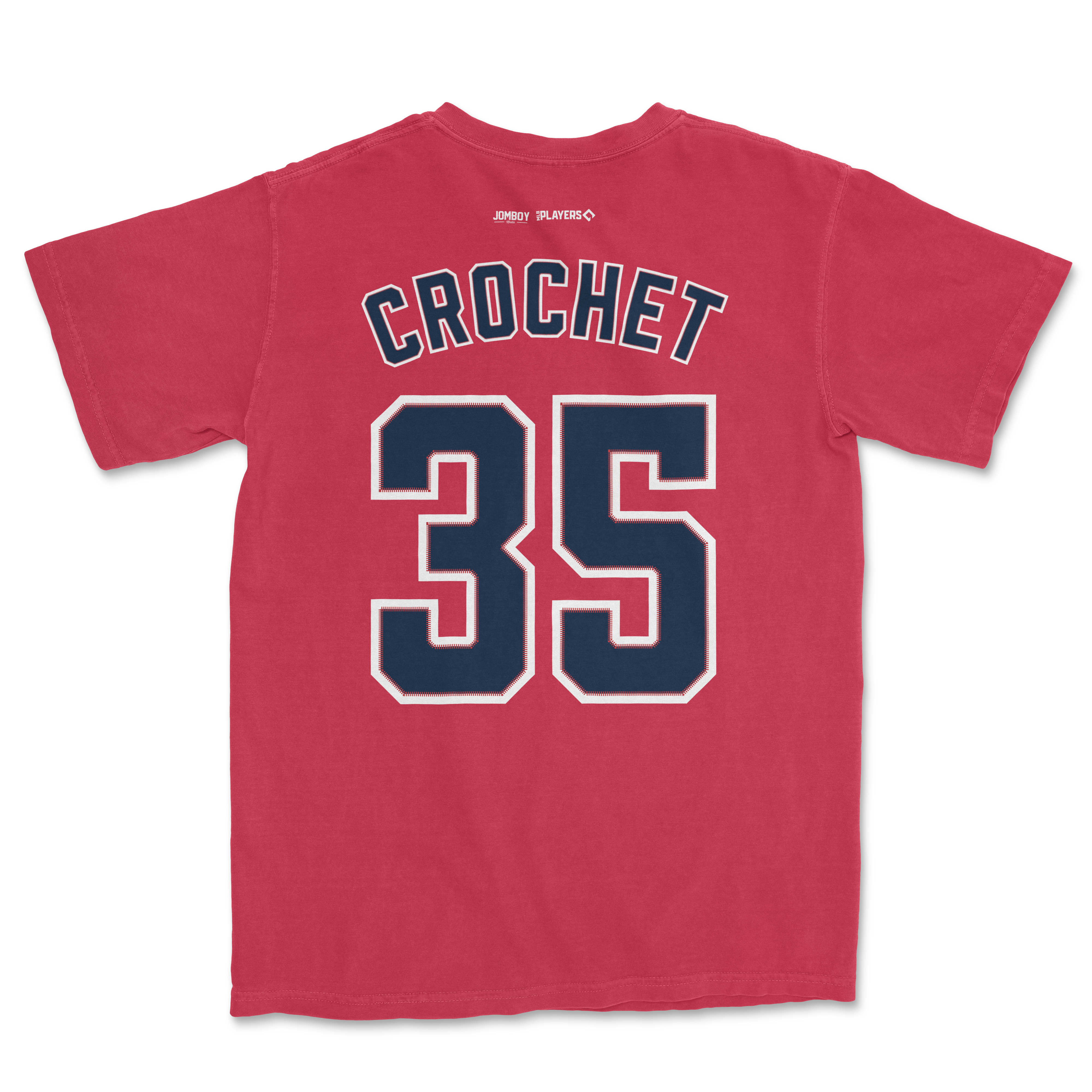 Red comfort colors tee featuring "Crochet 35" in navy and white lettering, with small sponsor logos above.