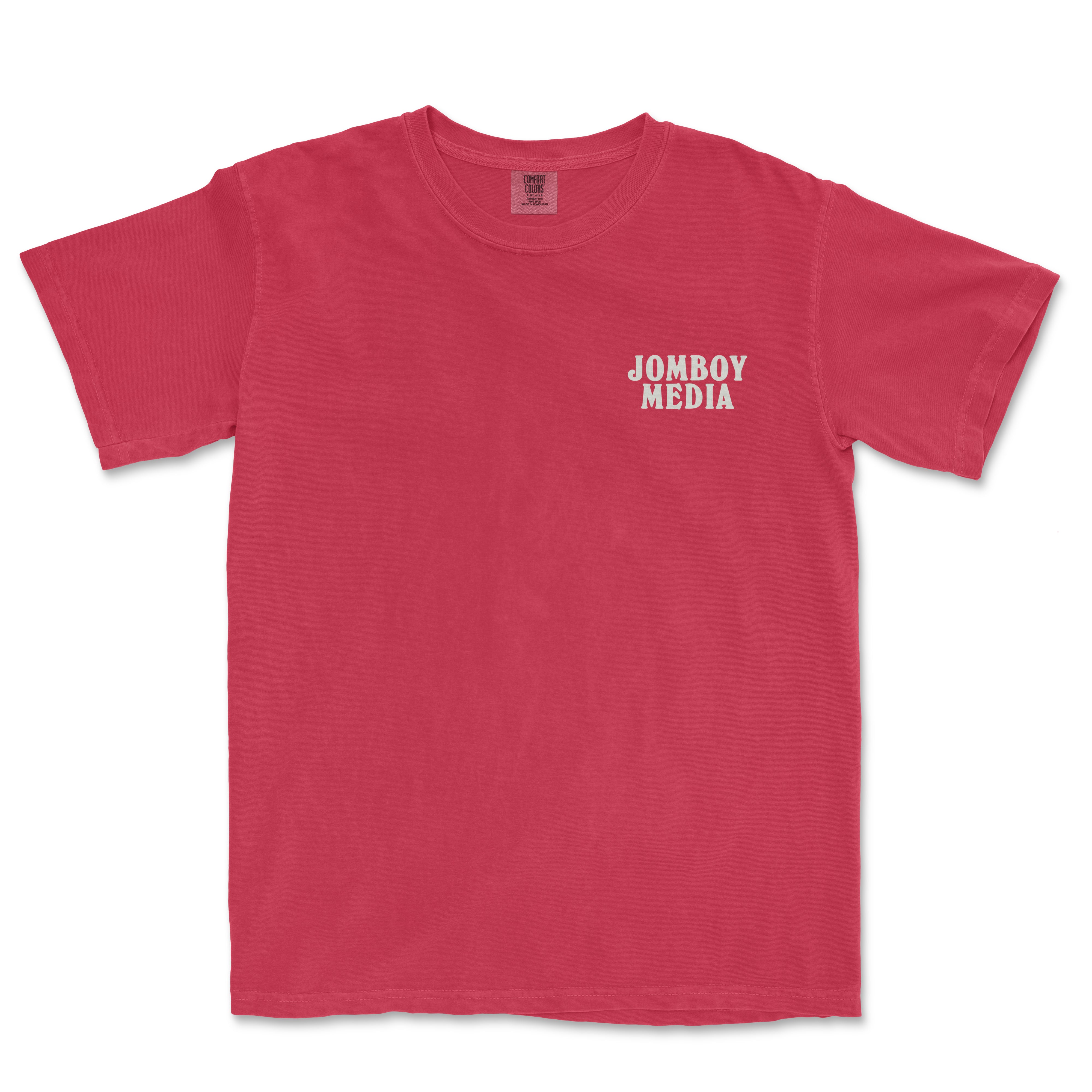 Red T-shirt with "JOMBOY MEDIA" logo printed in white on the upper left chest area.