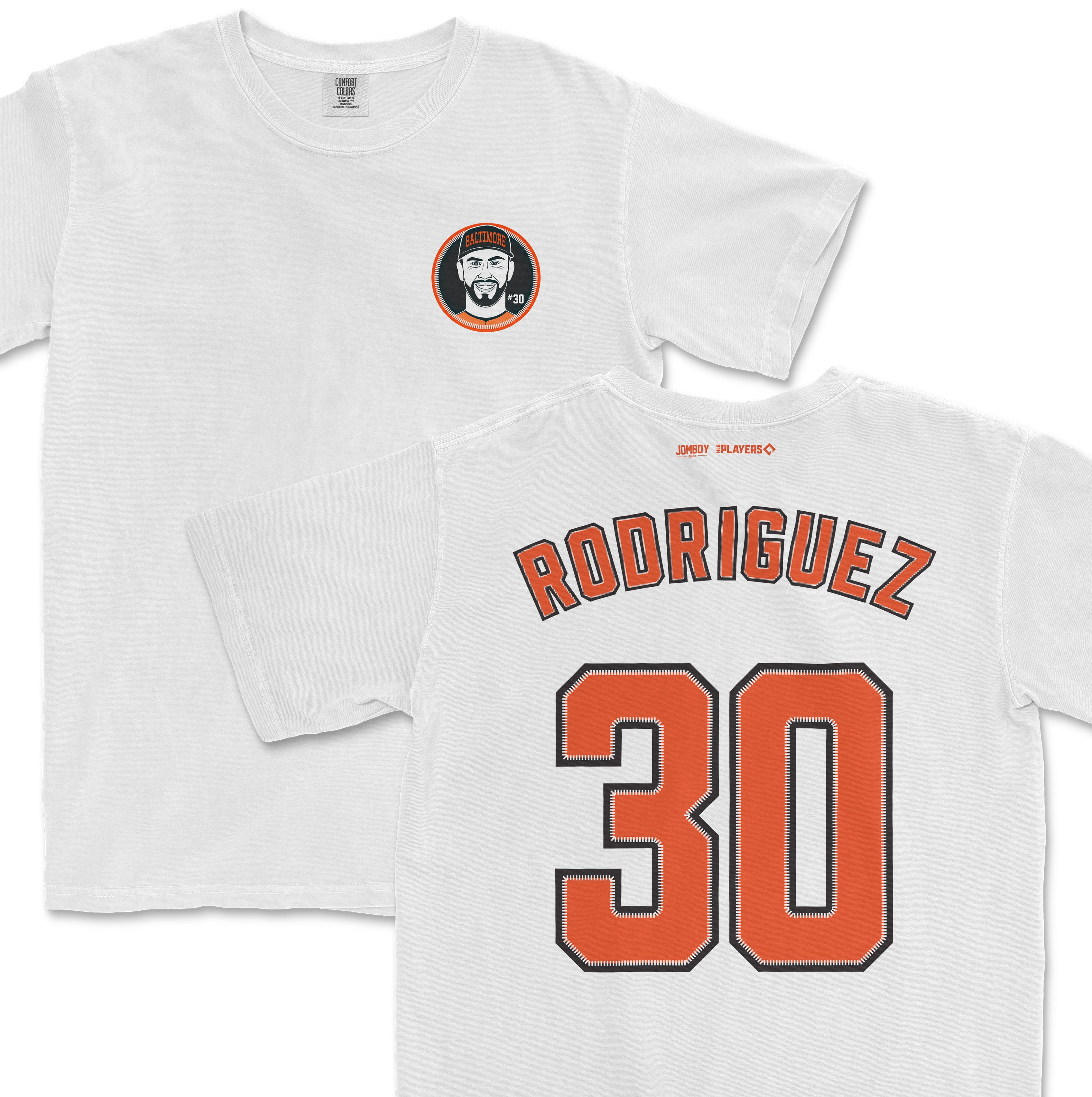 White Comfort Colors tee featuring a Baltimore Orioles-themed graphic on the front and "Rodriguez 30" jersey-style print on the back.