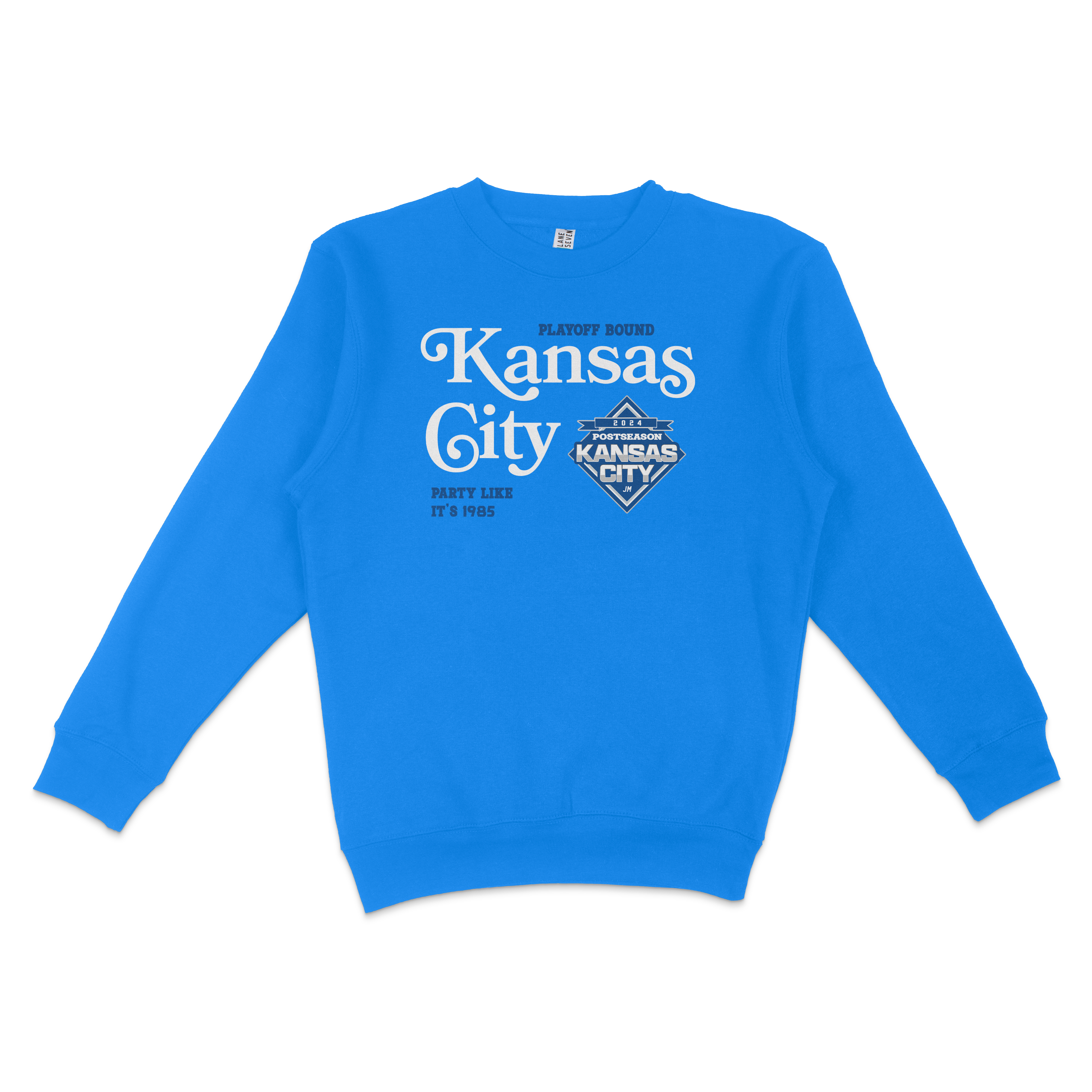 Blue crewneck sweatshirt featuring Kansas City-themed graphics and text, including "Playoff Bound," "Party Like It's 1985," and a Kansas City emblem.