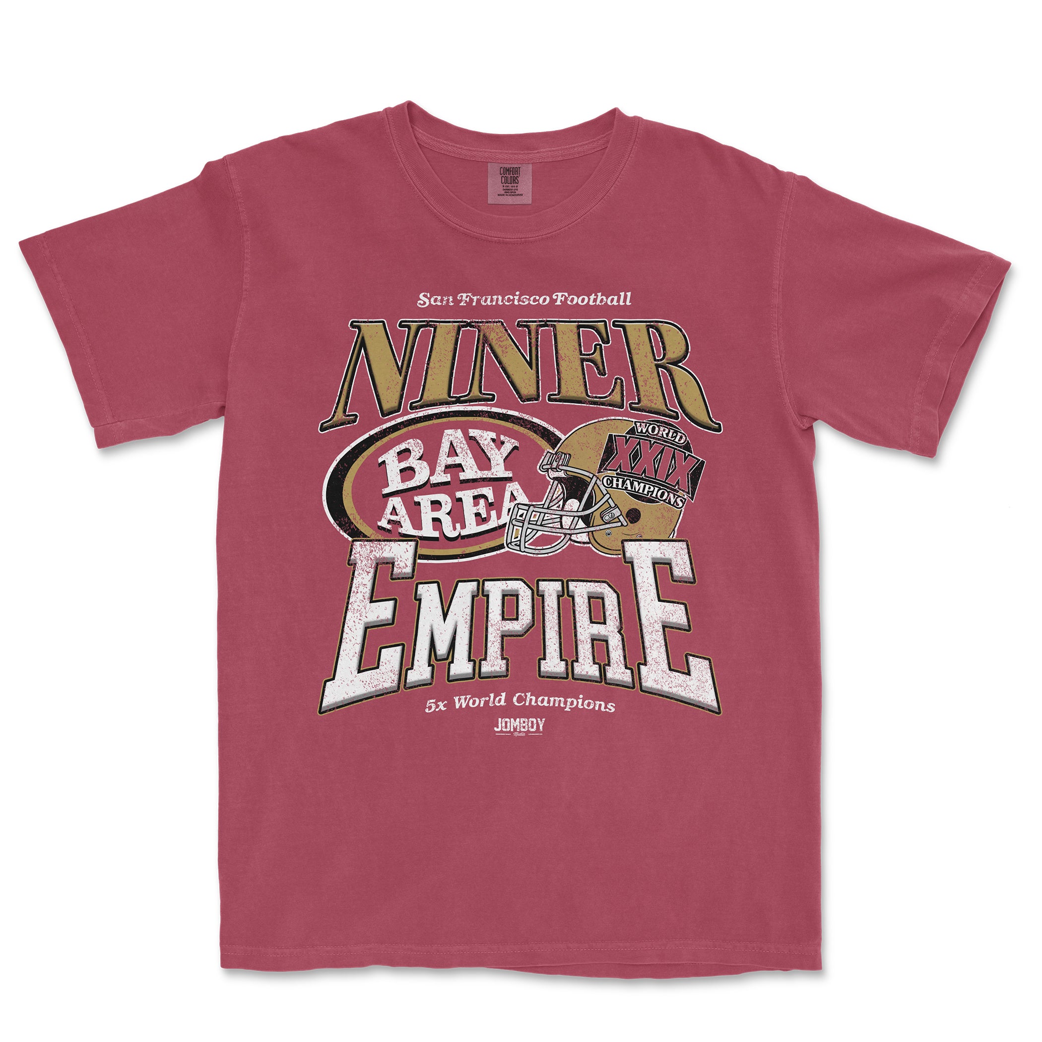 A faded red T-shirt featuring vintage-style San Francisco football team graphics, including a helmet, "Niner Empire" text, and championship references.