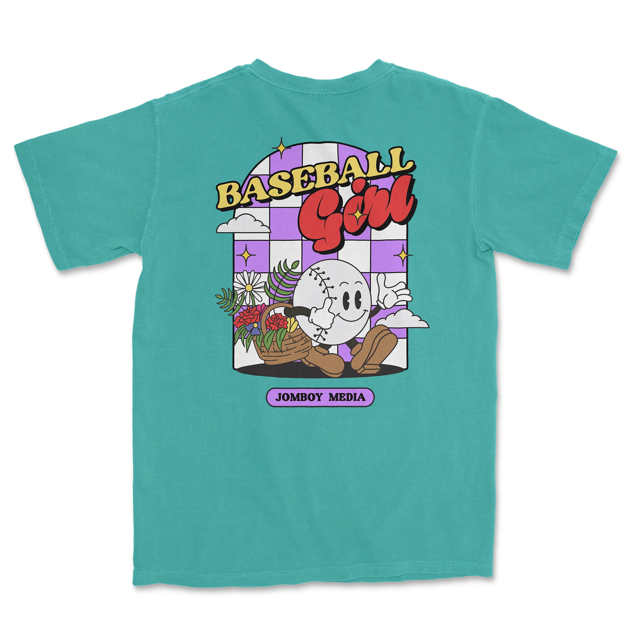 Back of a teal Comfort Colors tee featuring a colorful graphic of a baseball girl with flowers, clouds, and "Baseball Girl" text.
