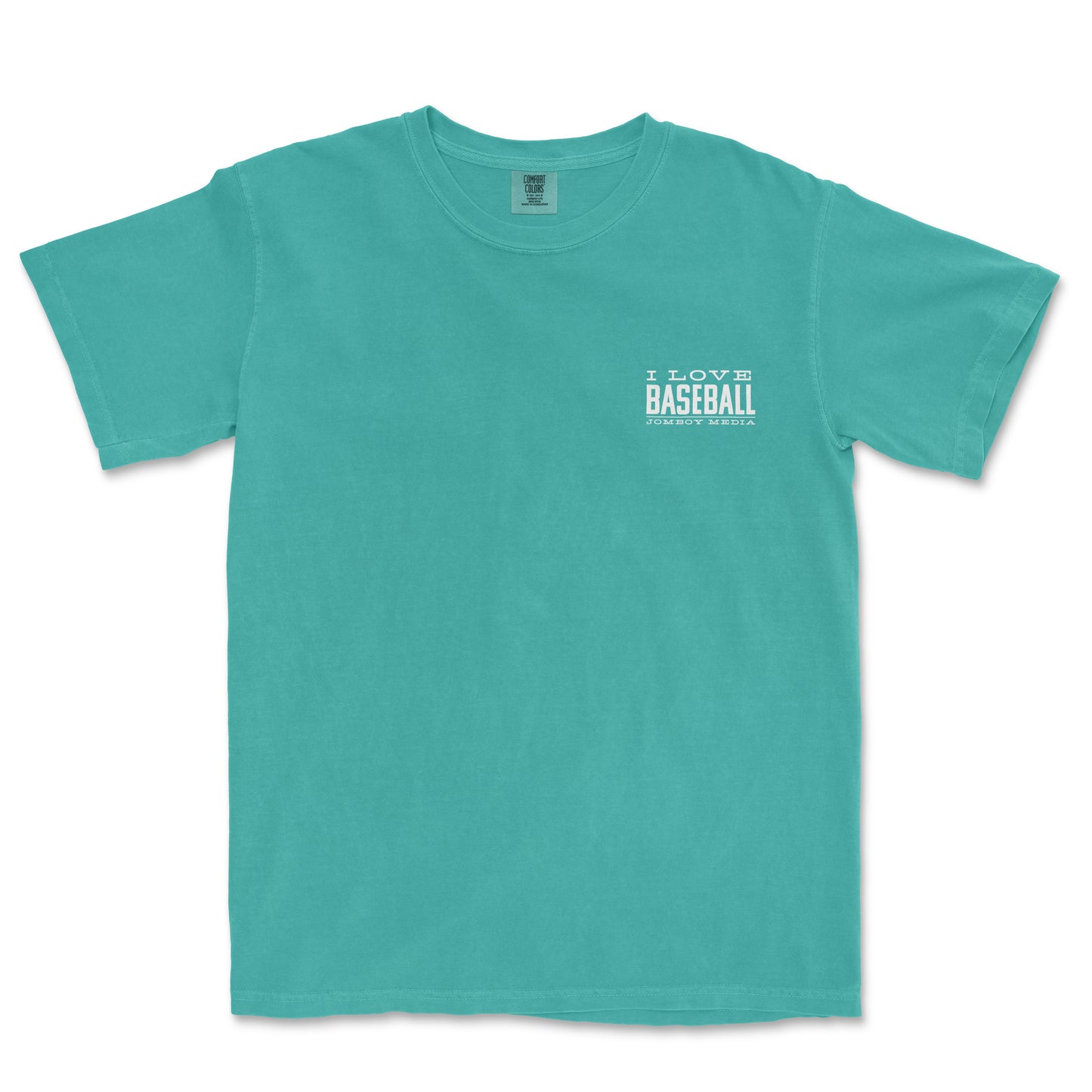 Turquoise T-shirt with "I Love Baseball" text and "Jomboy Media" logo on the front left chest area.