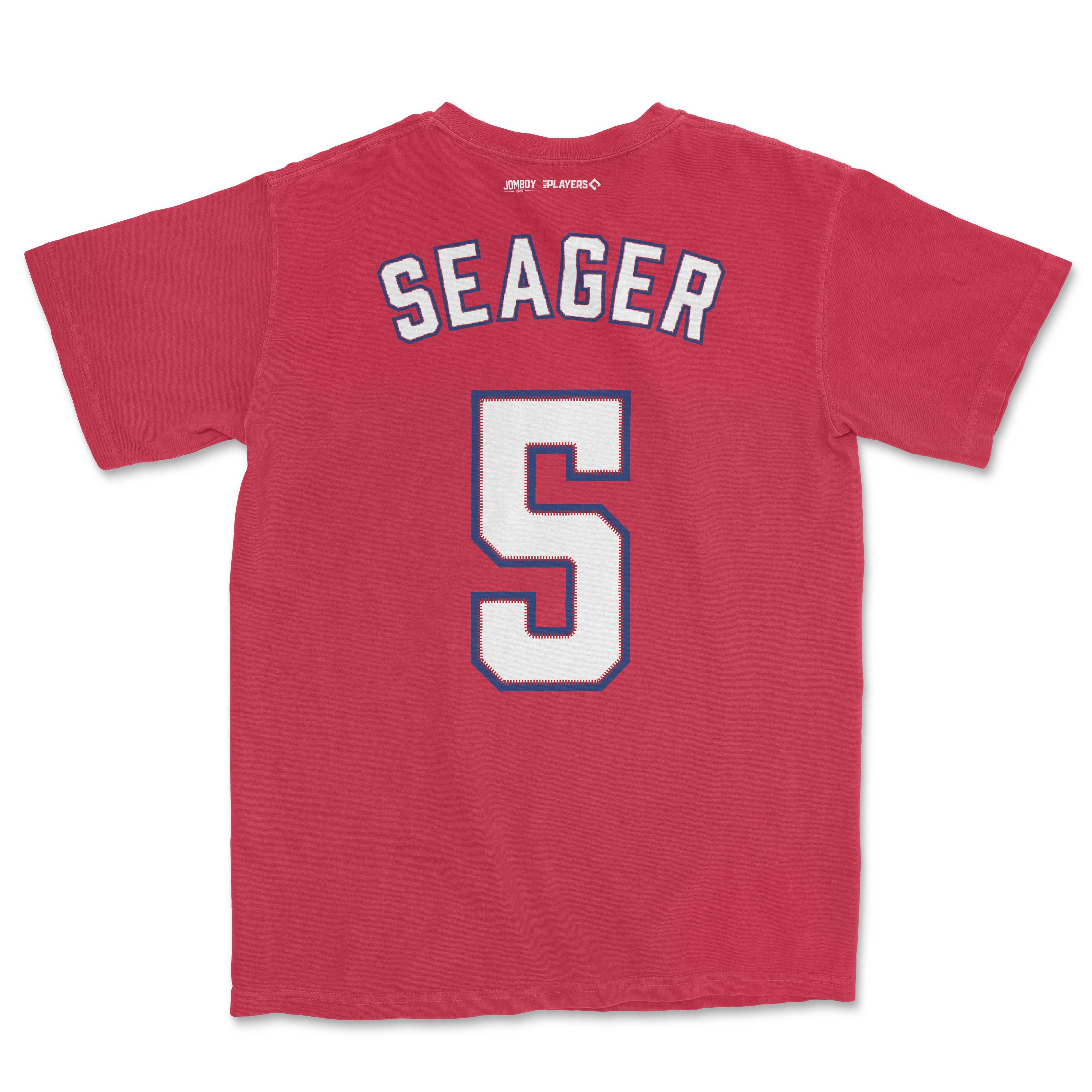 Red Comfort Colors tee featuring "Seager" and the number 5 in white with blue and red accents, representing Corey Seager.
