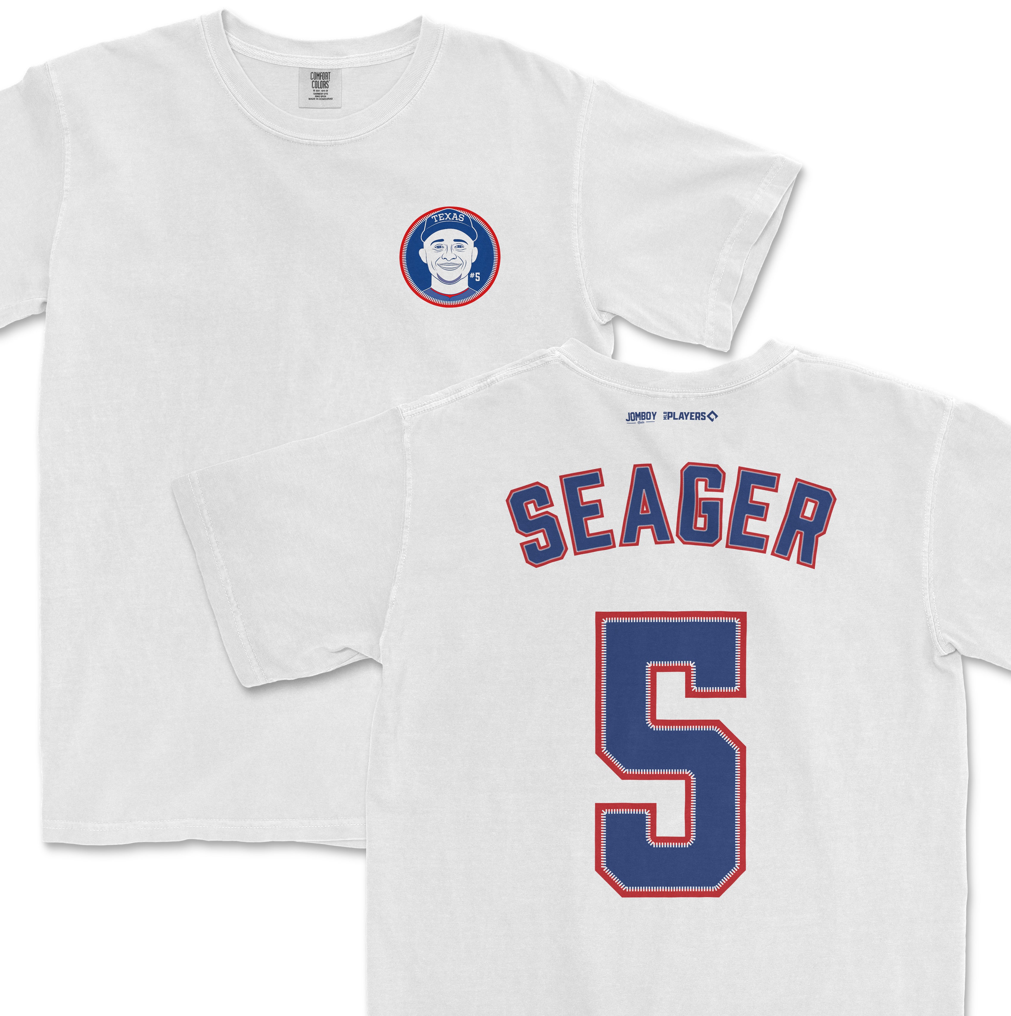 White Comfort Colors tee featuring Corey Seager's name and number on the back, and a Texas-themed logo on the front.