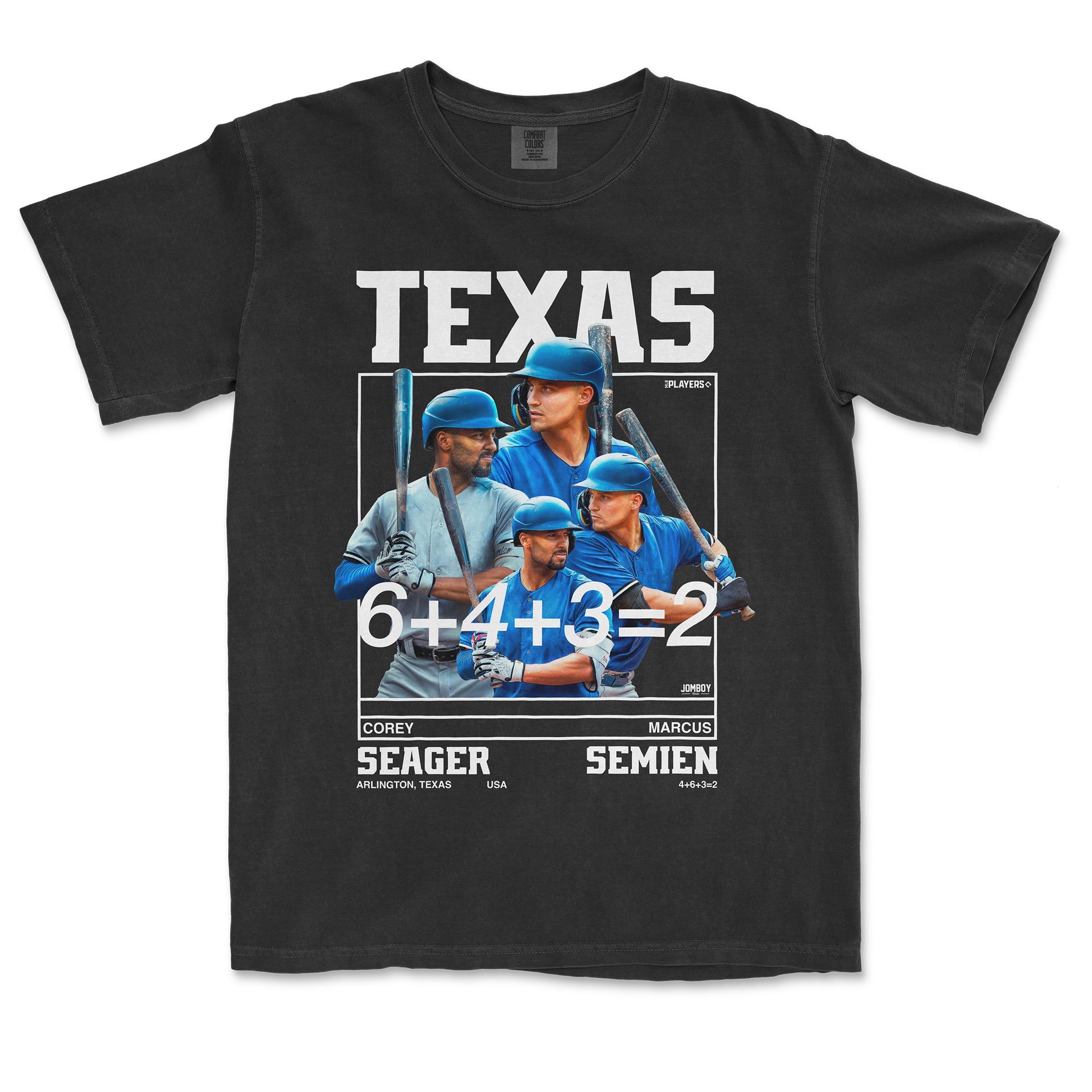 Black T-shirt featuring baseball players Seager and Semien, with their names, team info, and a playful math equation.