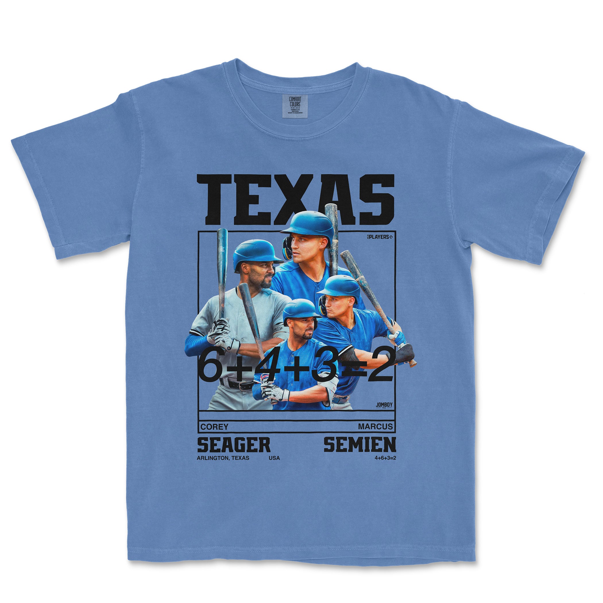 Blue T-shirt featuring images of Seager and Semien baseball players, with "Texas" and mathematical equations printed on the front.