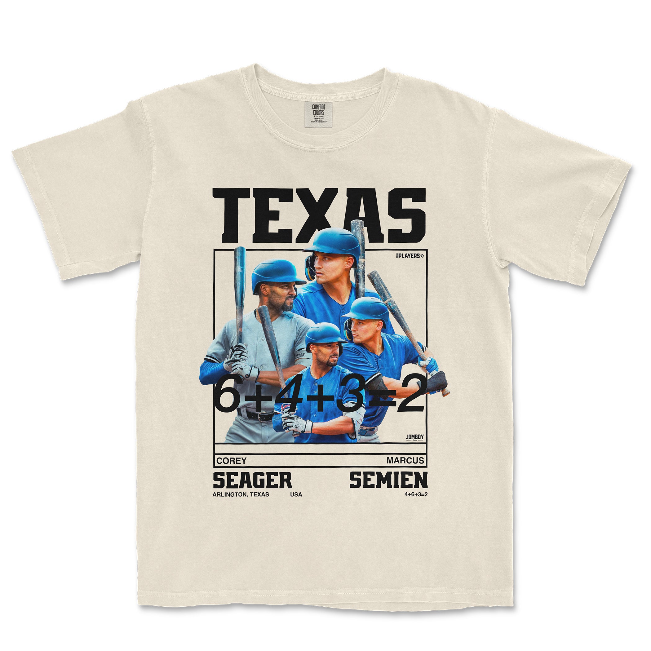 T-shirt featuring images of Seager and Semien baseball players, with mathematical equations and text highlighting their names.