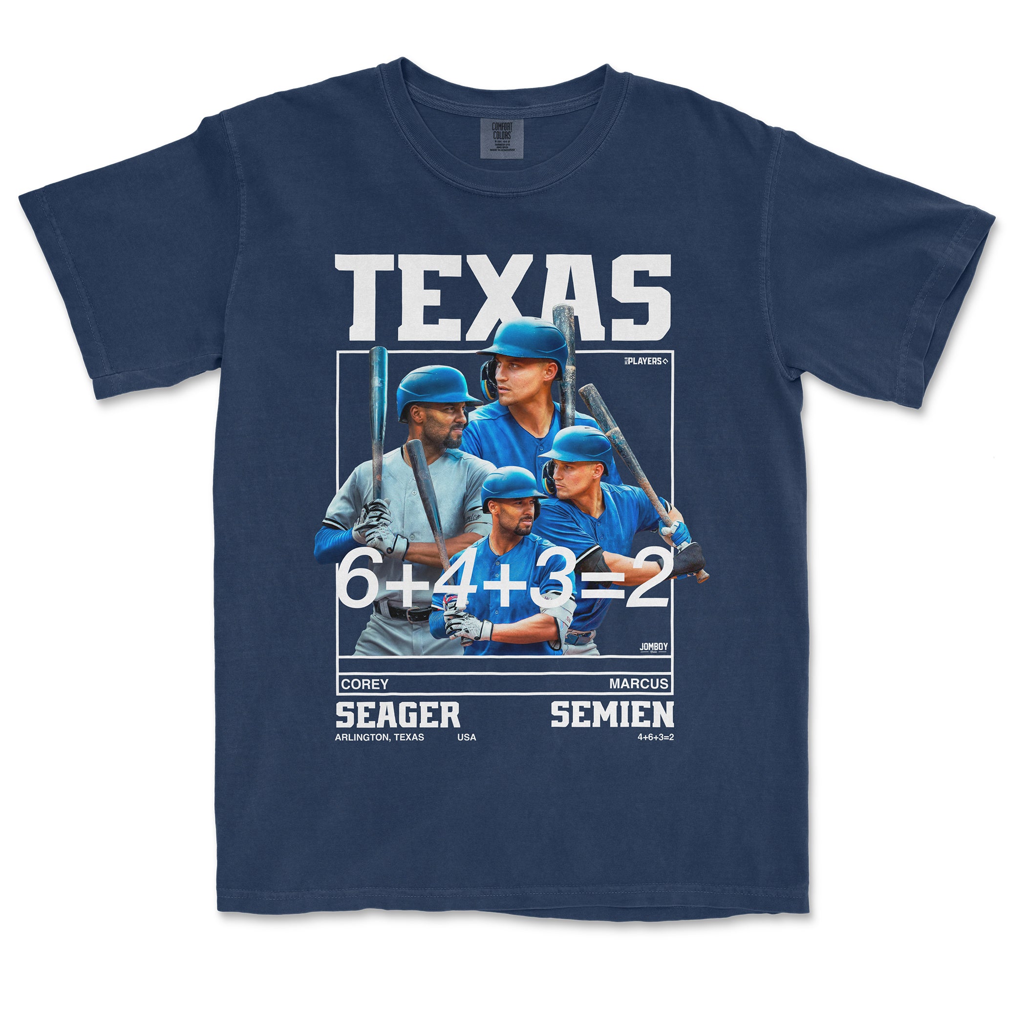 Blue T-shirt featuring images of Seager and Semien, with their names, team location, and a math equation "6+4+3=2".
