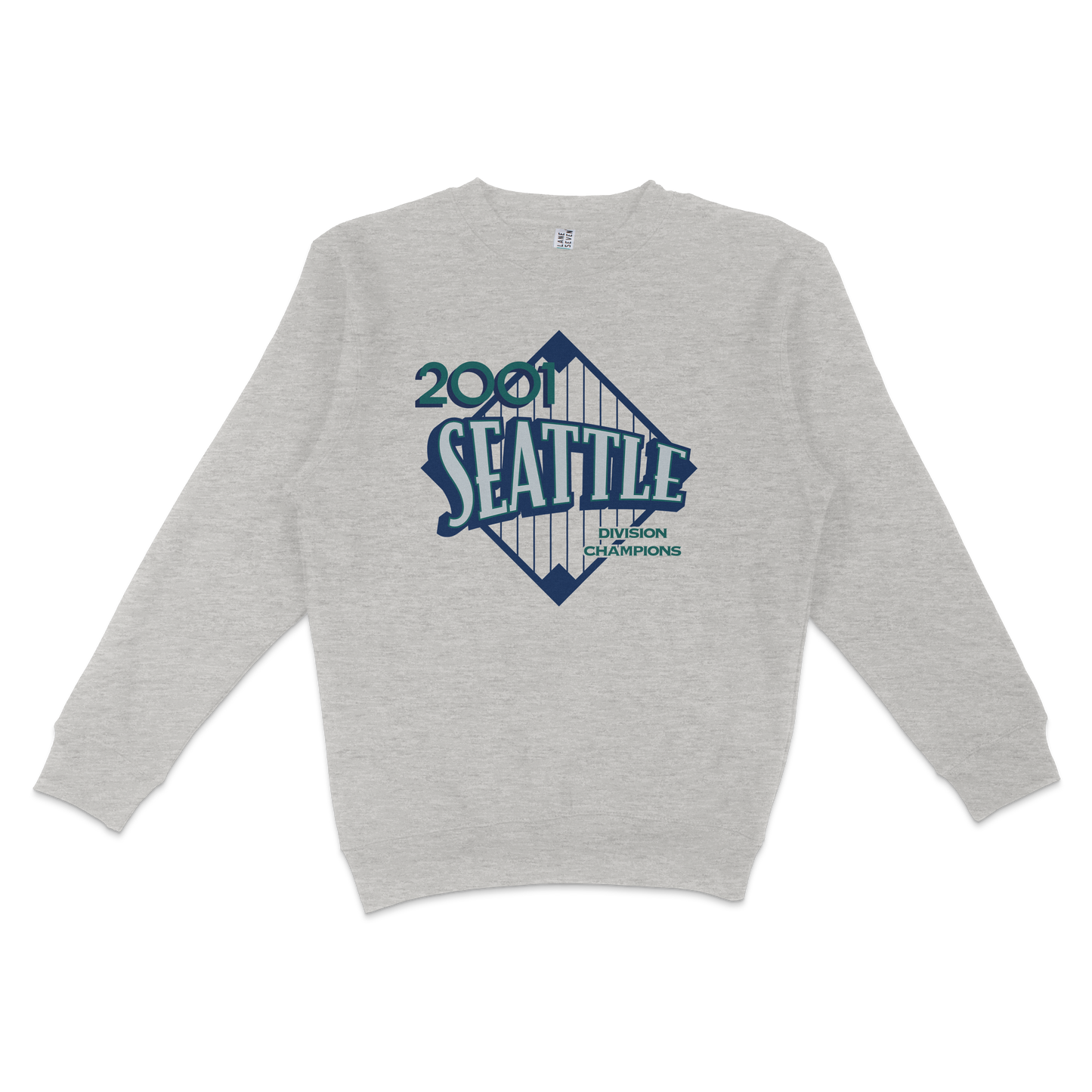 Light gray crewneck sweatshirt featuring a vintage Seattle Mariners design with "2001 Division Champions" text and a stylized baseball graphic.