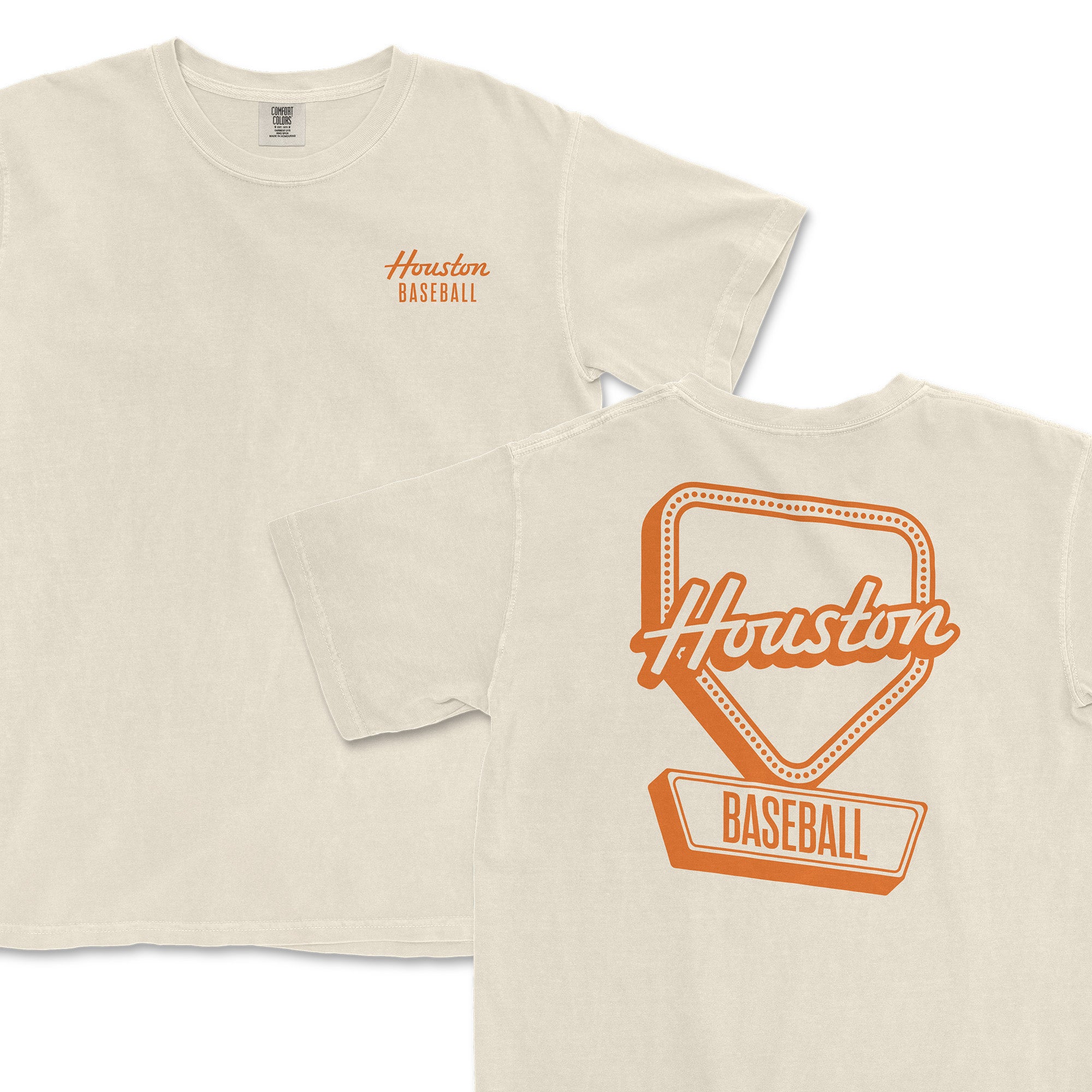 Houston Baseball See the Signs Collection t-shirt featuring a vintage design with orange lettering on a cream background.