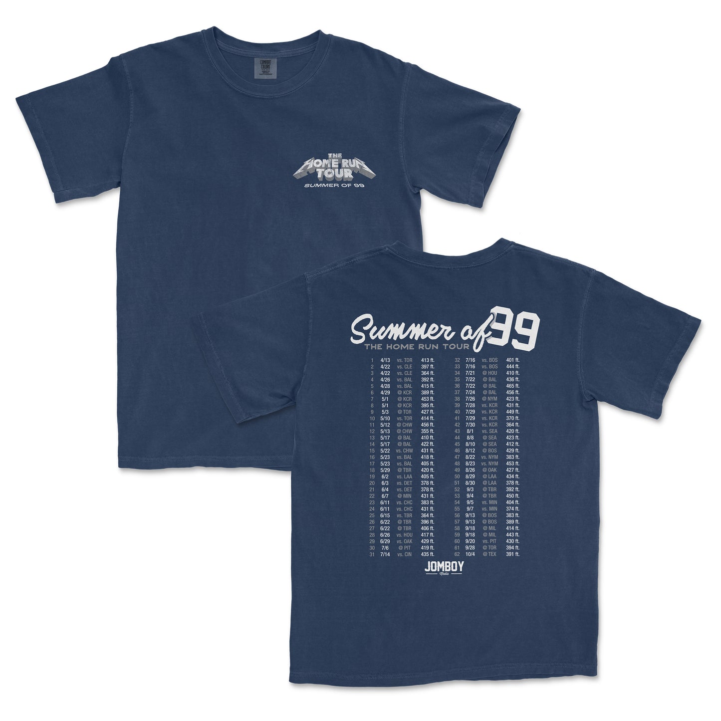 Blue T-shirt featuring "Summer of 99" text and a tour schedule printed on the back, celebrating the 1999 Summer Home Run Tour.