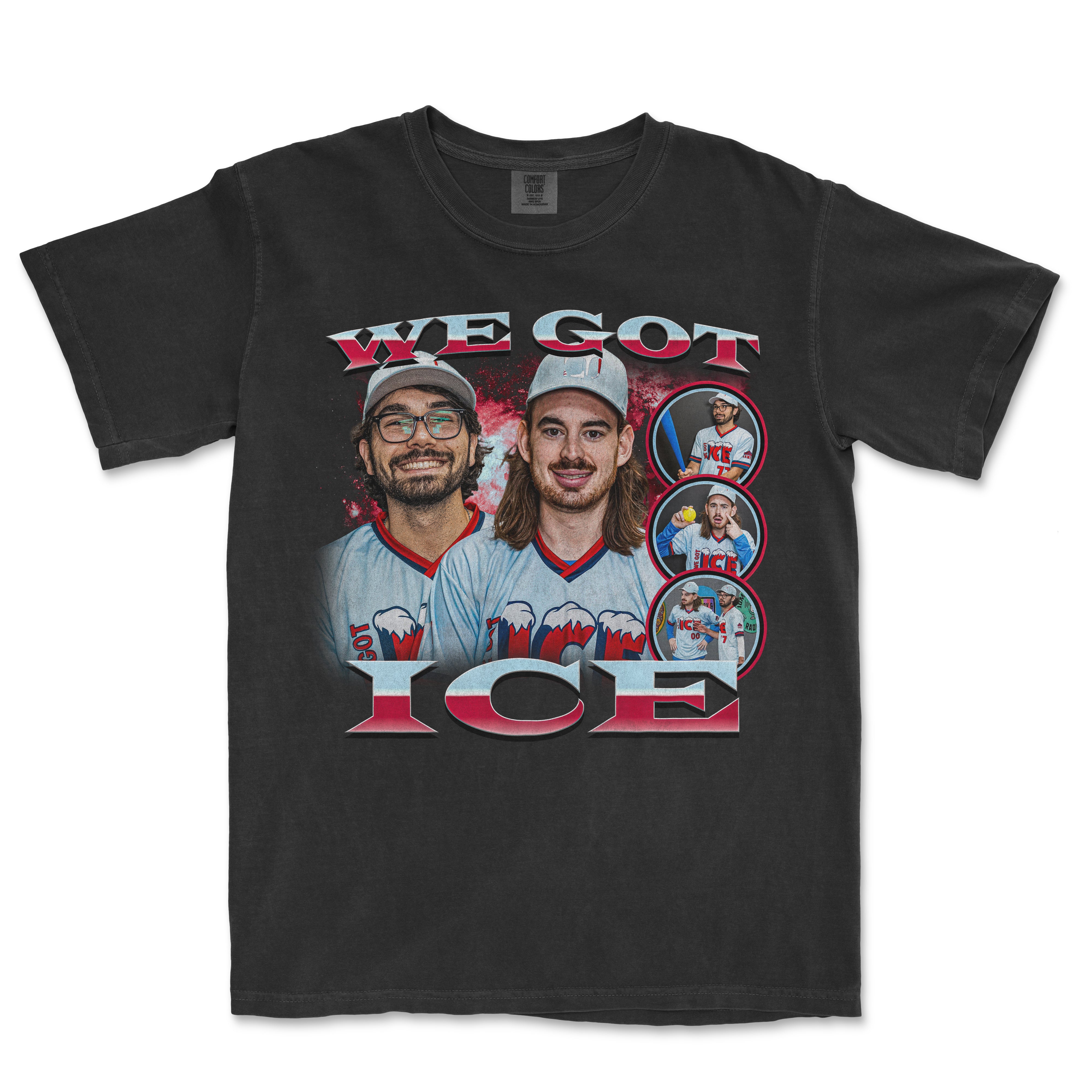 Black T-shirt featuring a retro 90s design with two men in ice hockey jerseys, "We Got Ice" text, and smaller action photos.