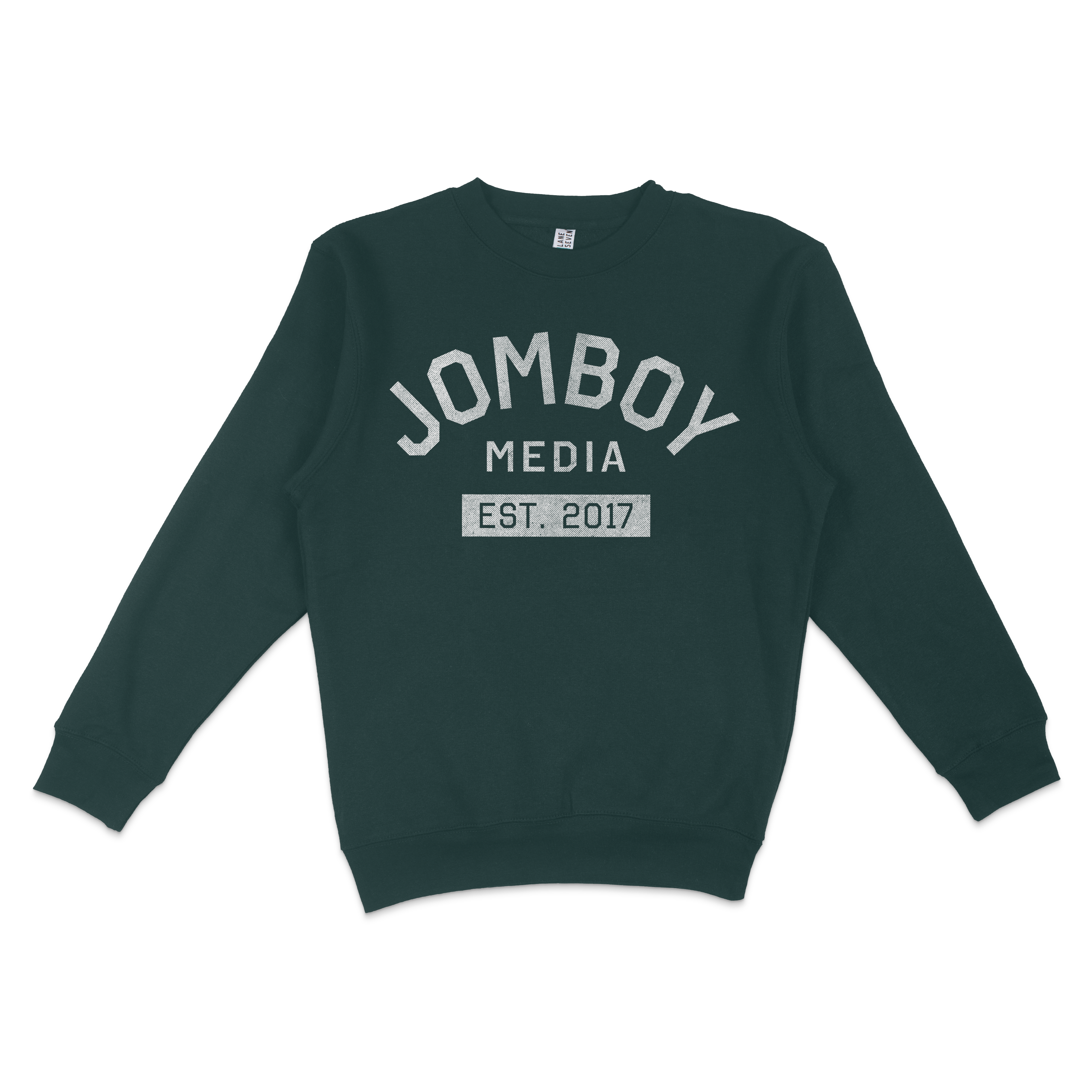 Dark green crewneck sweatshirt with "Jomboy Media Est. 2017" printed in white and gray on the front.
