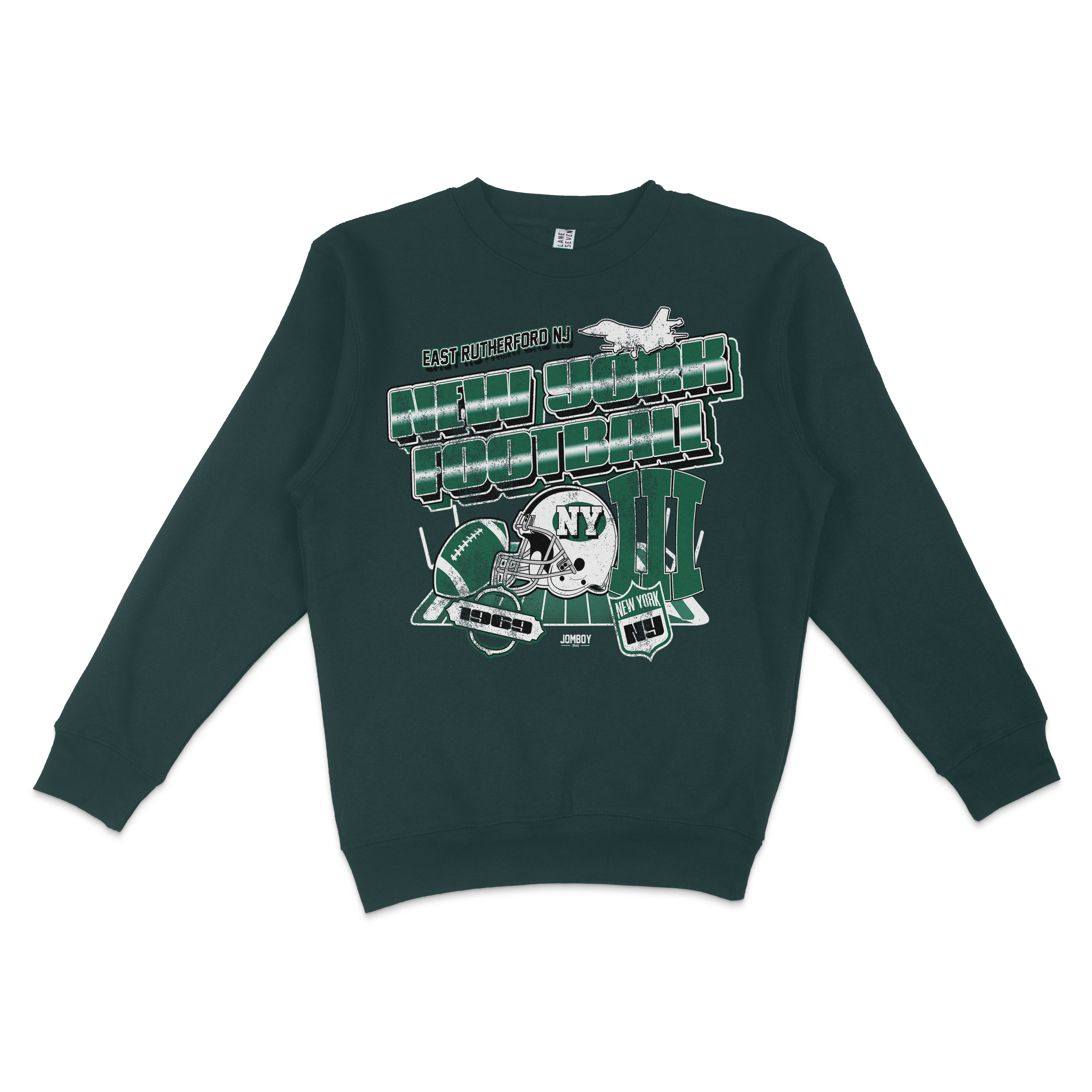 Green crewneck sweatshirt featuring vintage-style football graphics, text, and logos related to New York football, size large.