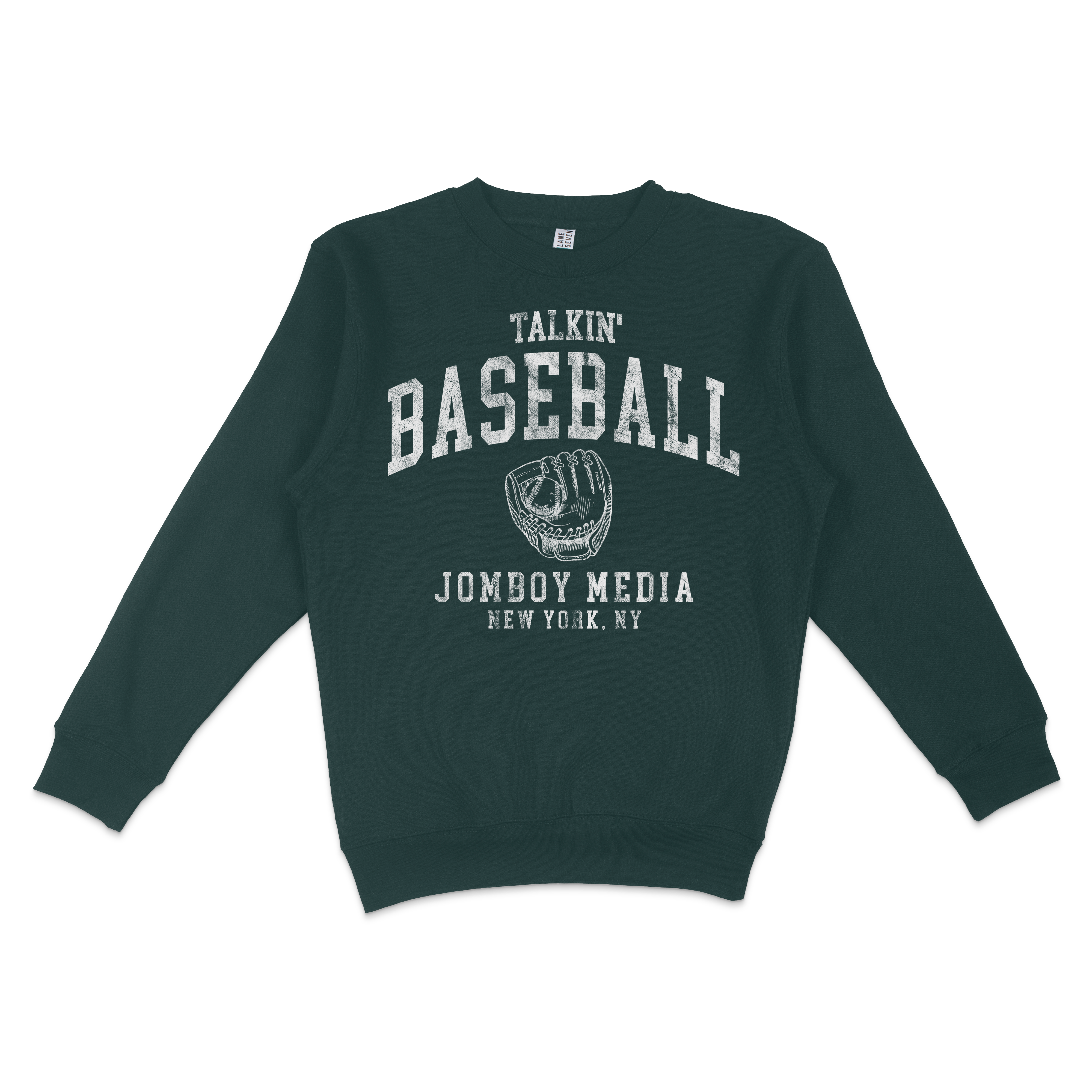 Dark green crewneck sweatshirt featuring vintage-style "Talkin' Baseball" 90s design with a glove graphic and "Jomboy Media, New York, NY" text.