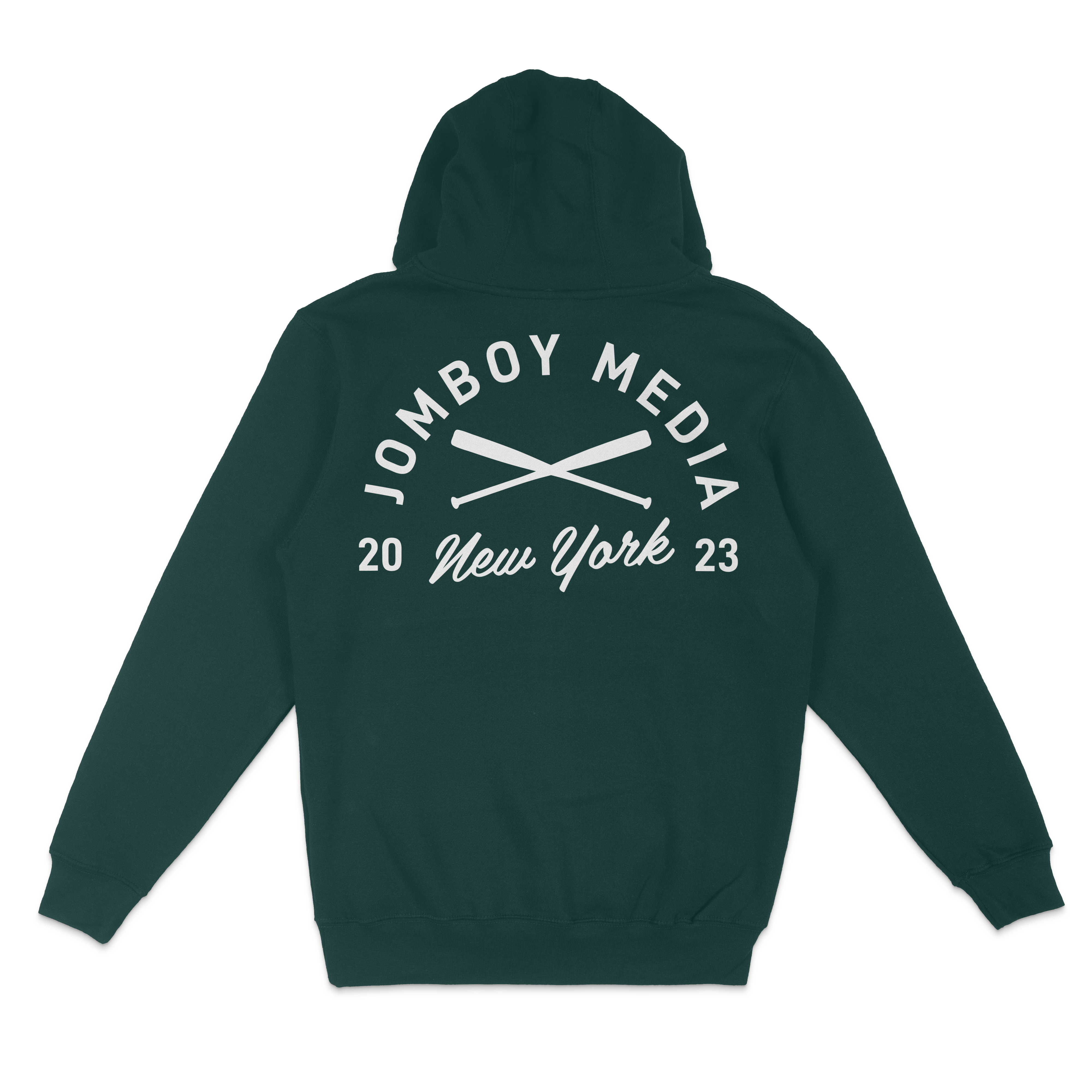 Green pullover fleece hoodie featuring a white "Jombo Boy Media" crest with crossed paddles, "New York 2023" text, and a hood.
