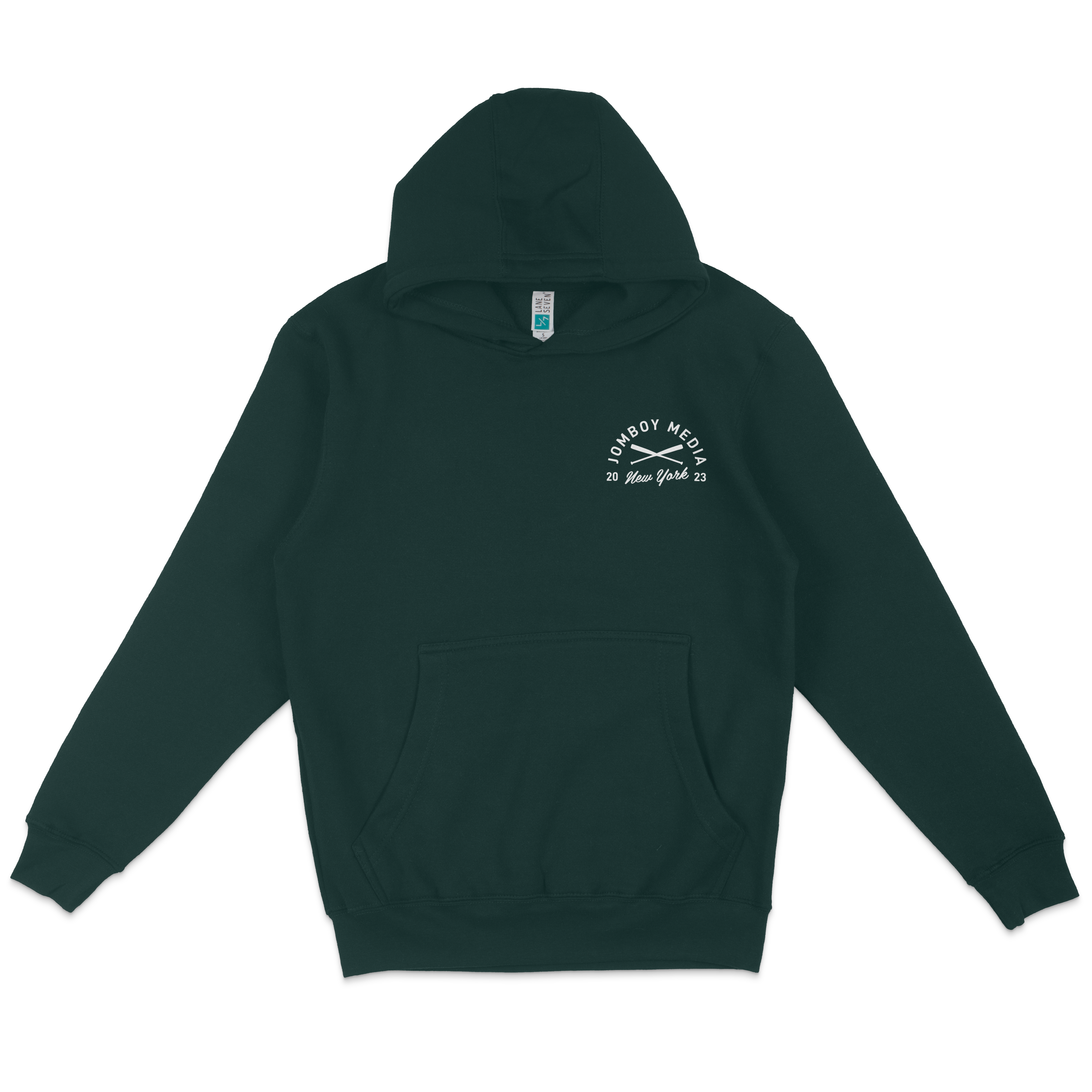 Dark green hoodie featuring a white "Jomboy Media" crest with crossed baseball bats, "New York 2023," and text on the chest.