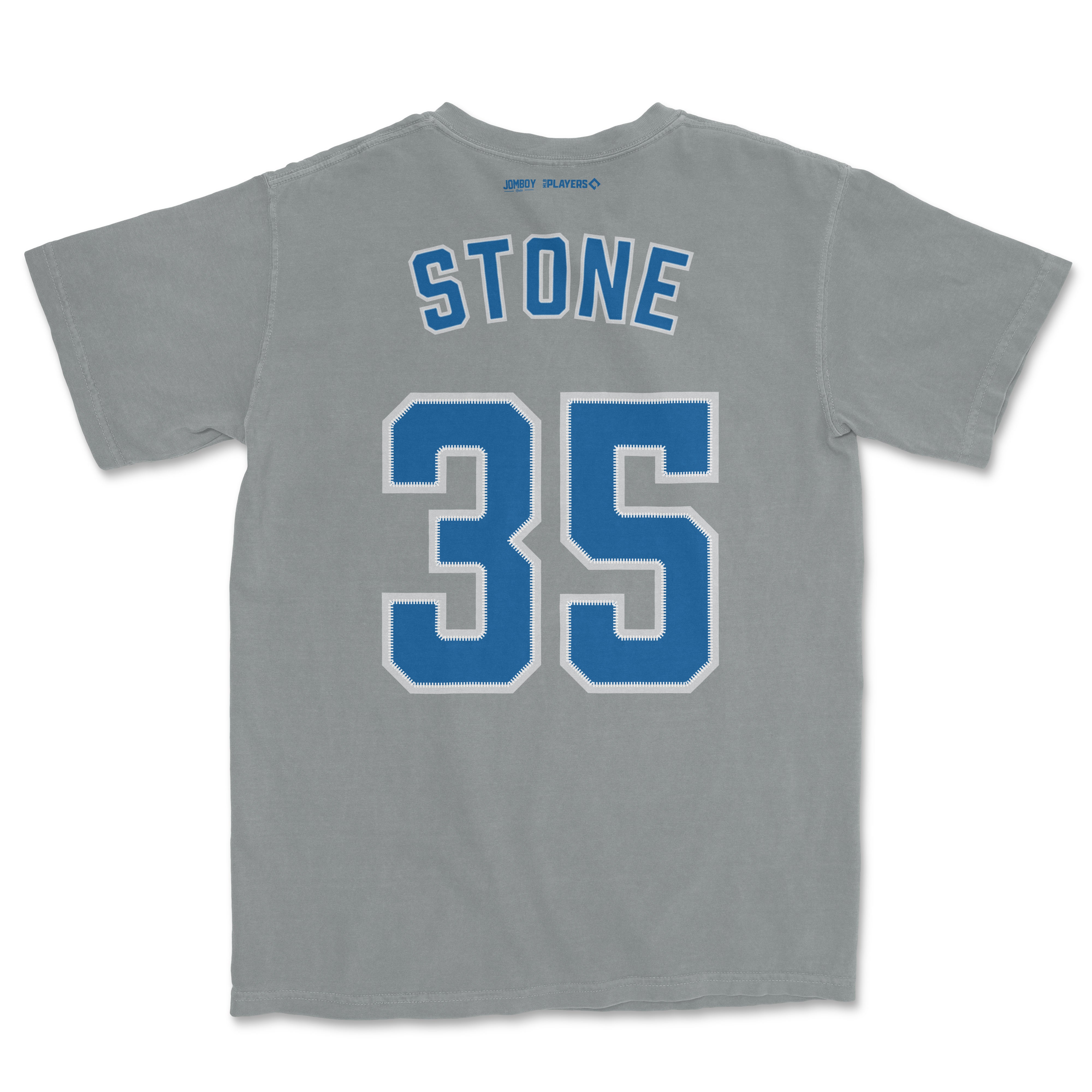 Gray Comfort Colors tee featuring "Stone" and the number 35 in blue and white varsity-style lettering on the back.