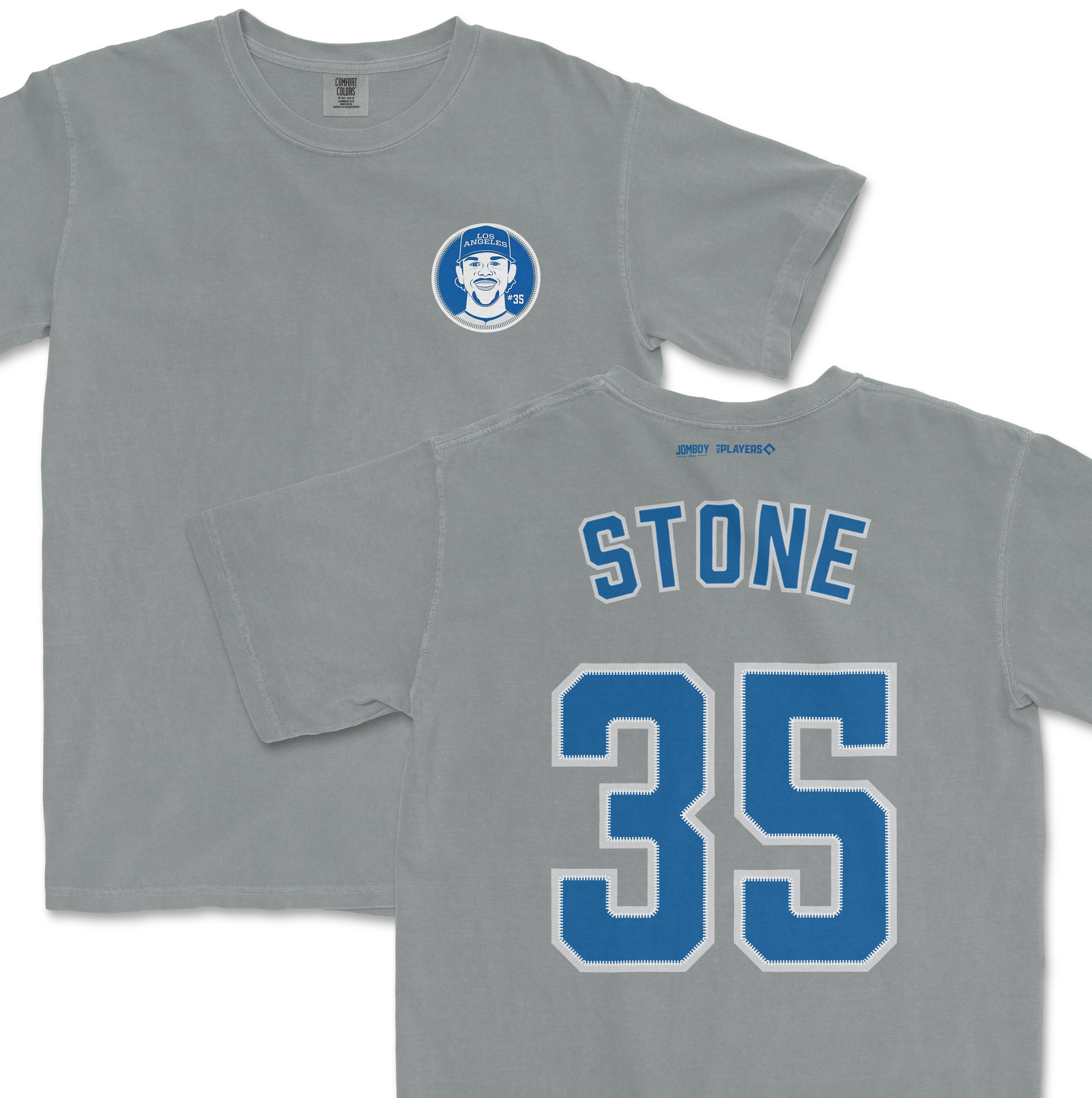 Gavin Stone Shirsey Comfort Colors T-shirt featuring a front graphic and back sports jersey-style number 35 in blue.