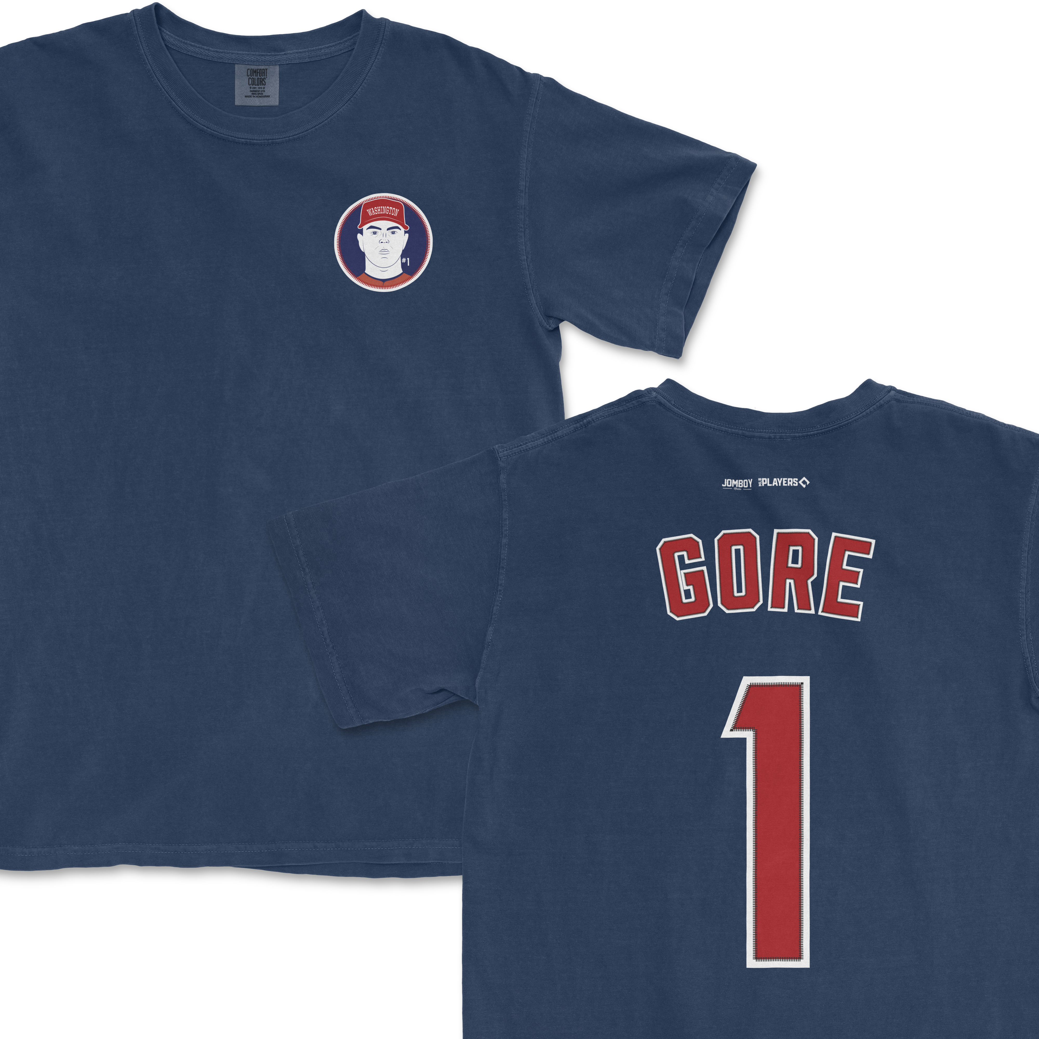 Blue Comfort Colors tee featuring a MacKenzie Gore shirsey design with Gore's name and number on the back.