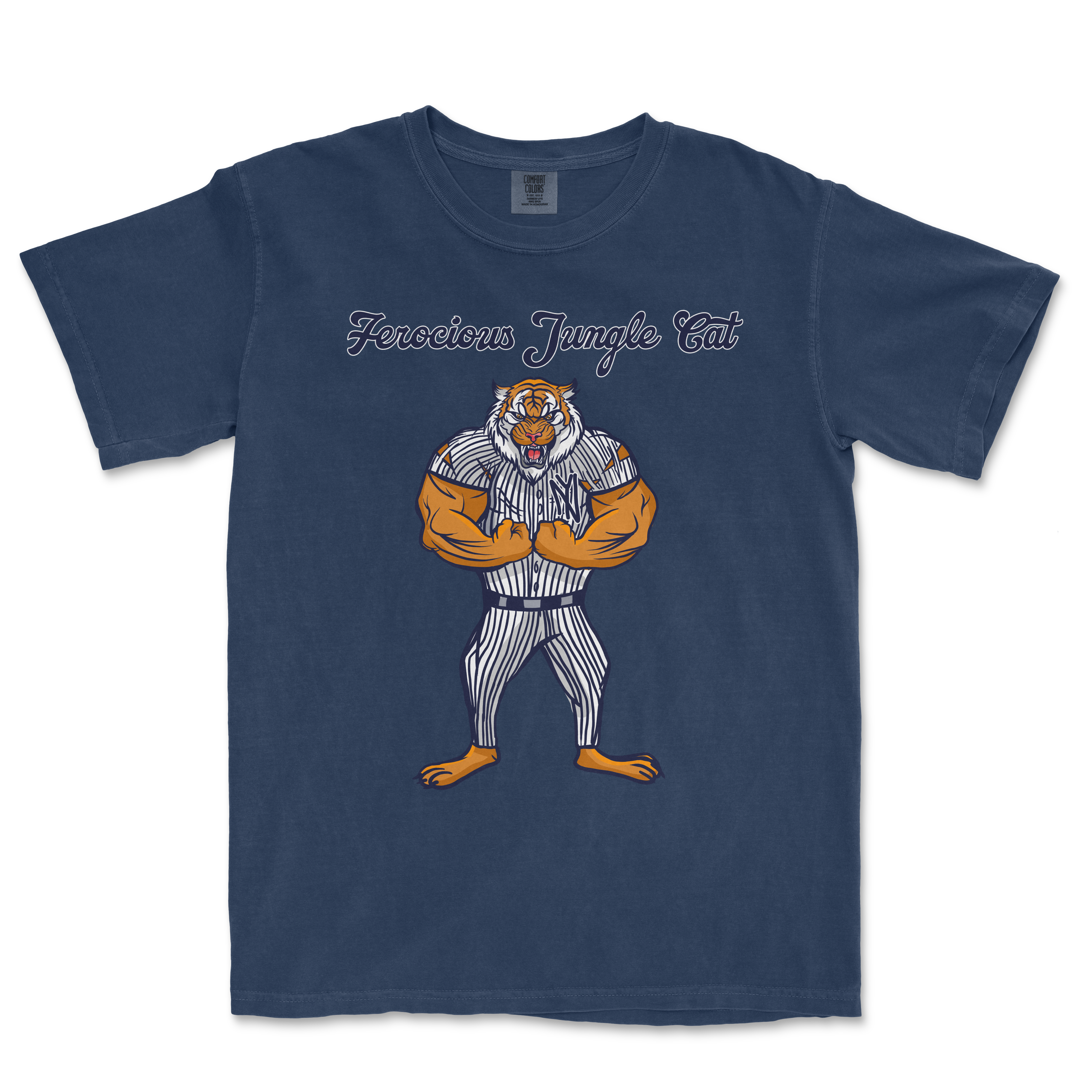 Comfort Colors T-shirt featuring a fierce jungle cat with muscular arms, striped shirt, and "Ferocious Jungle Cat" text.