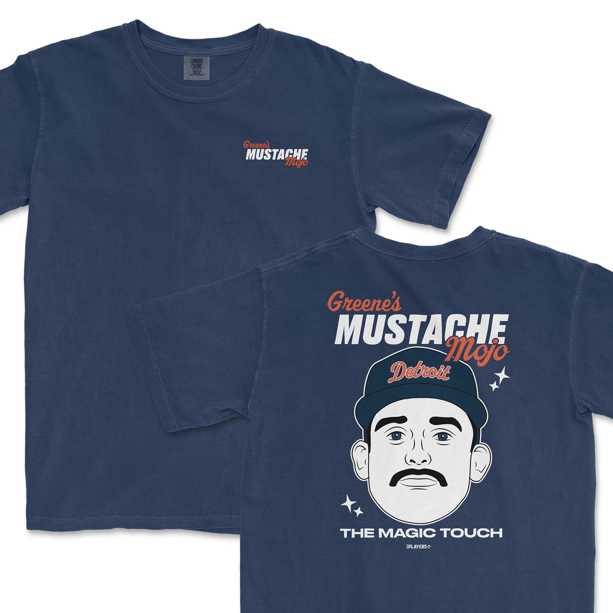 Navy t-shirt featuring "Greene's Mustache Mojo" graphic and a cartoon face design with "The Magic Touch" text.