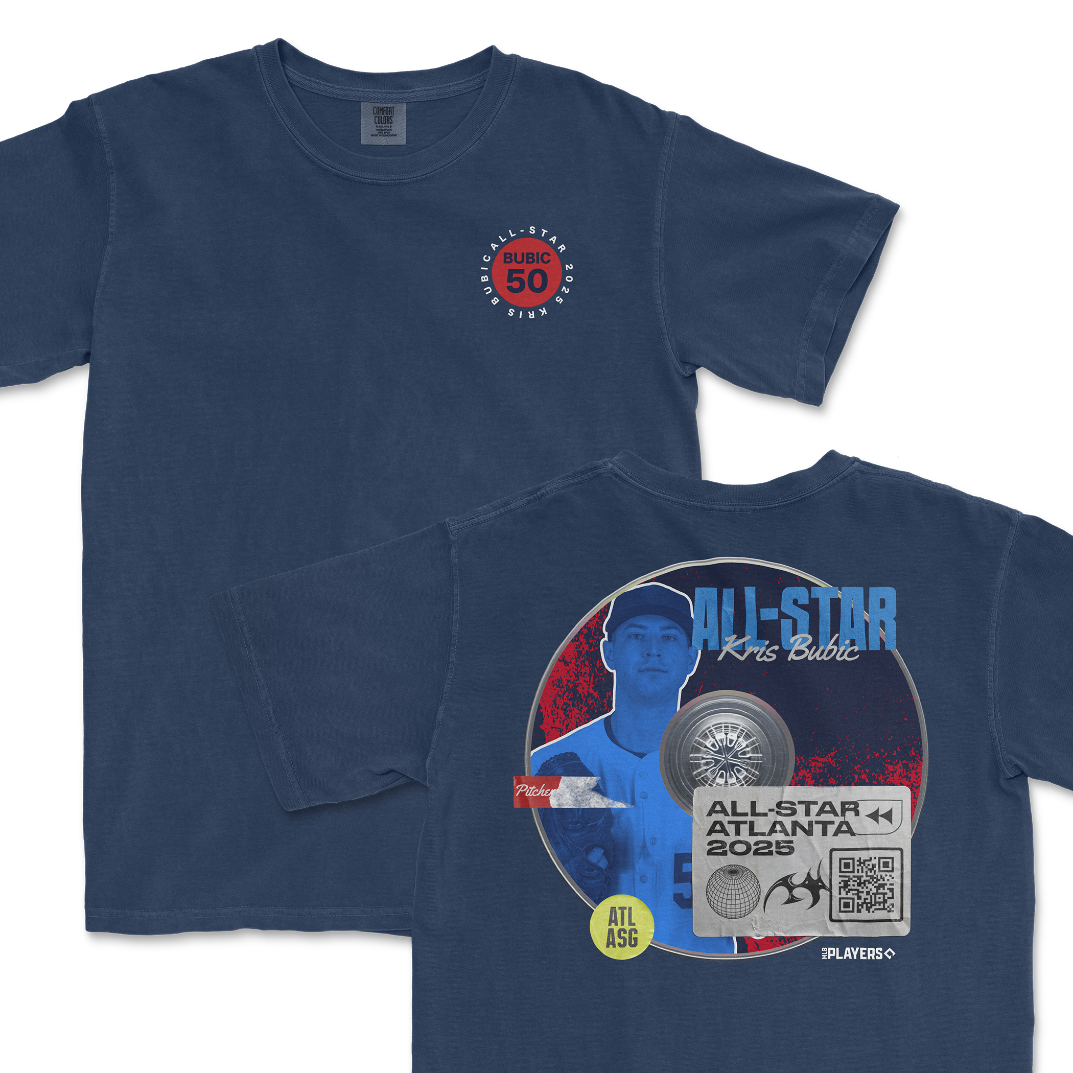 Navy blue t-shirt featuring Kris Bubic's All-Star 2025 graphic on the back and a small logo on the front.